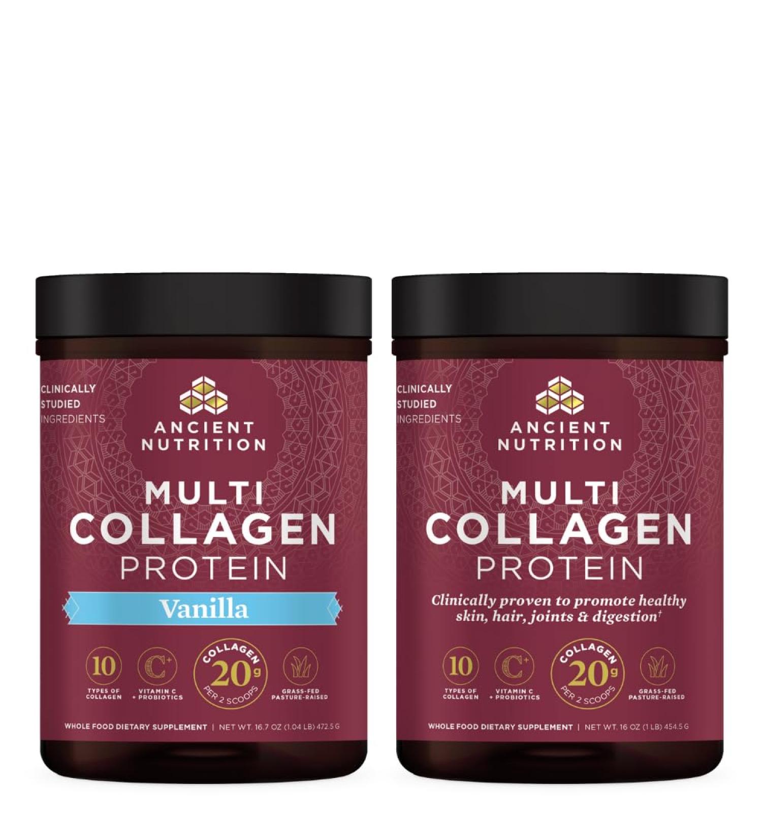 Ancient Nutrition Multi Collagen Protein Powder Unflavored 45 Servings + Multi Collagen Protein Powder Vanilla 45 Servings - Buy Online on GoSupps.com