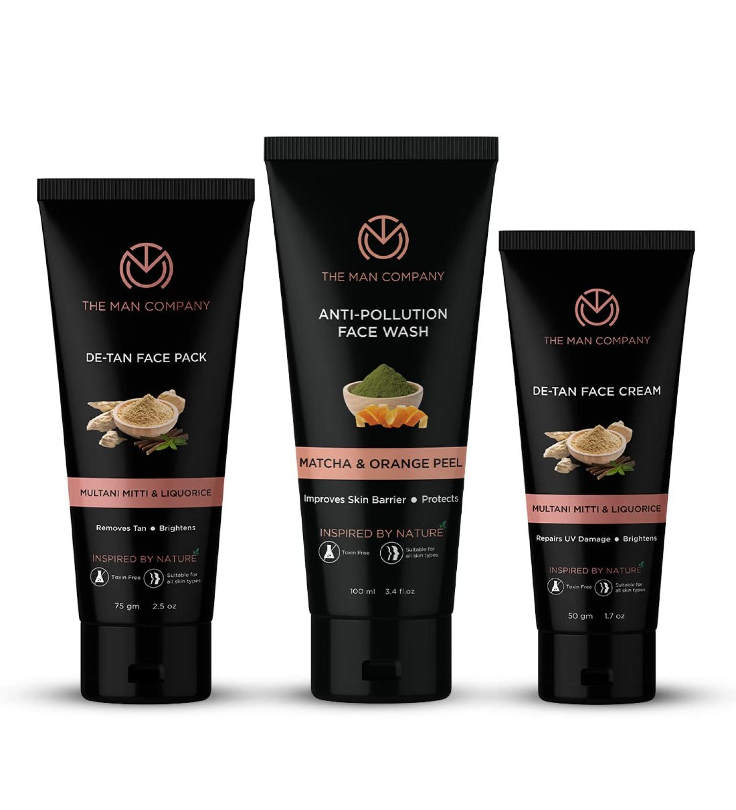 Shop The Man Company De-tan Naturally Combo | Anti Pollution Face Wash De-tan Cream & Pack for Brightening & Moisturizing - Set of 3 (White) - International Shipping Available - Buy Online on GoSupps.com