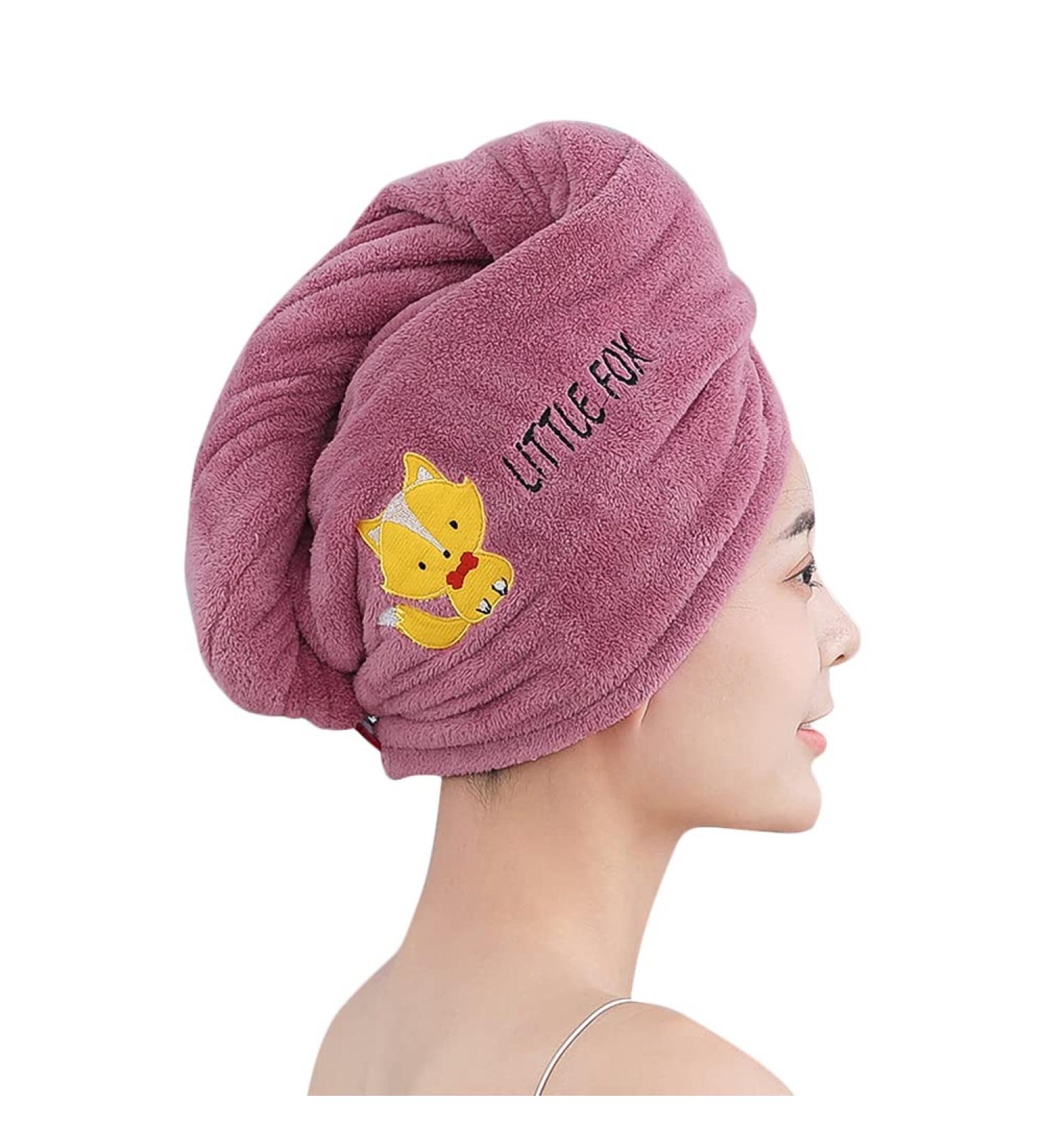 Super Absorbent Cartoon Animal Hair Towel Wrap - Thick Coral Fleece Turban for Women - Purple Fox Design - Anti-Frizz Microfiber Hair Drying Towel for Wet Curly Long Hair - Buy Online on GoSupps.com