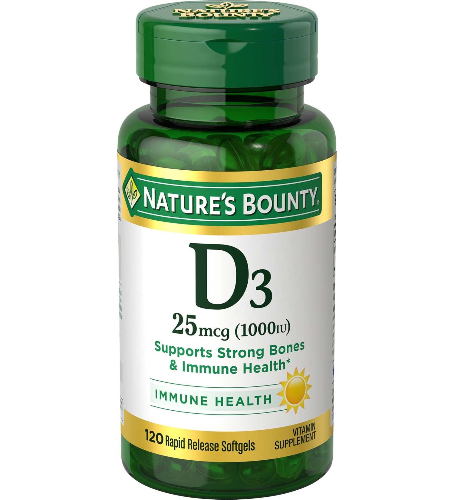 Nature's Bounty Vitamin D3 Vitamin Supplement Supports Immune System and Bone Health 1000IU 120 Softgels - Buy Online on GoSupps.com