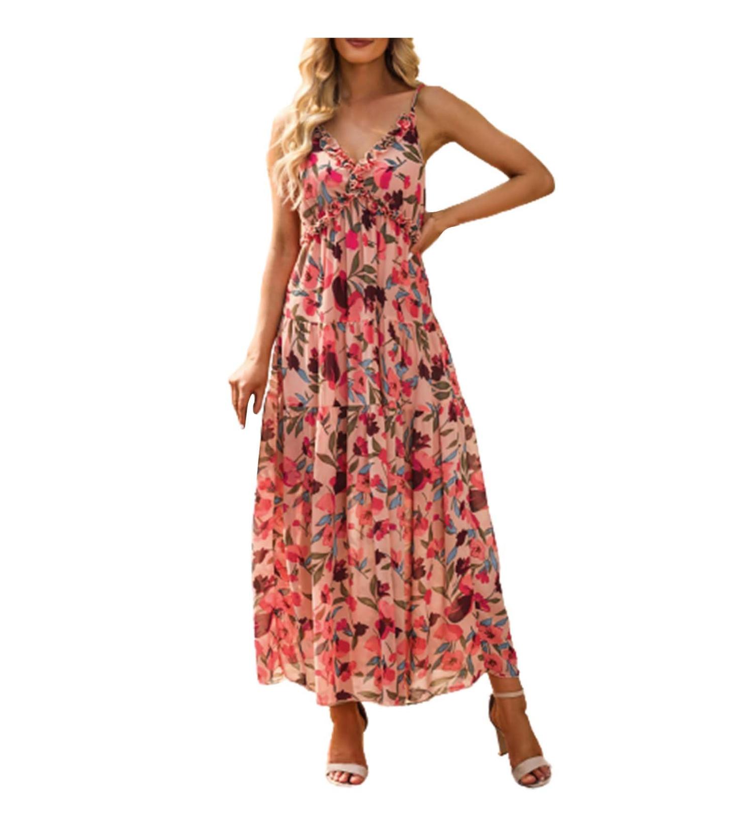 Summer New Thin Shoulder Strap Gathered Frilly Floral Print Dress Long Sleeve Dresses for plus Size Bridesmaids Red Small - Buy Online on GoSupps.com