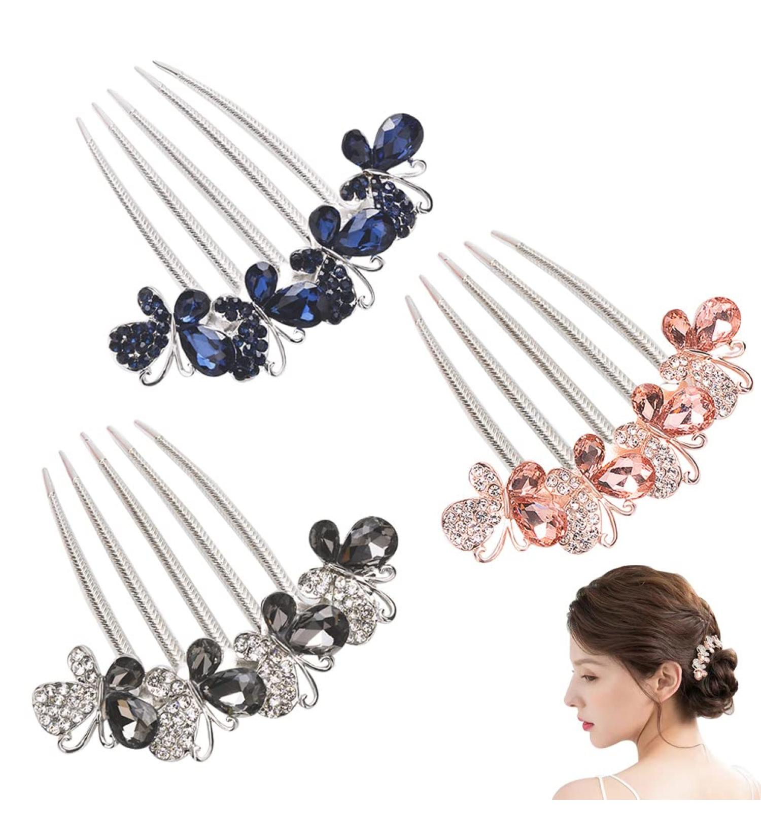 KuuGuu 3 PCS Flower Rhinestones Hair Combs Set - Wedding Hair Accessories for Women - Silver with Blue, Grey, and Champagne Rhinestones - Buy Online on GoSupps.com