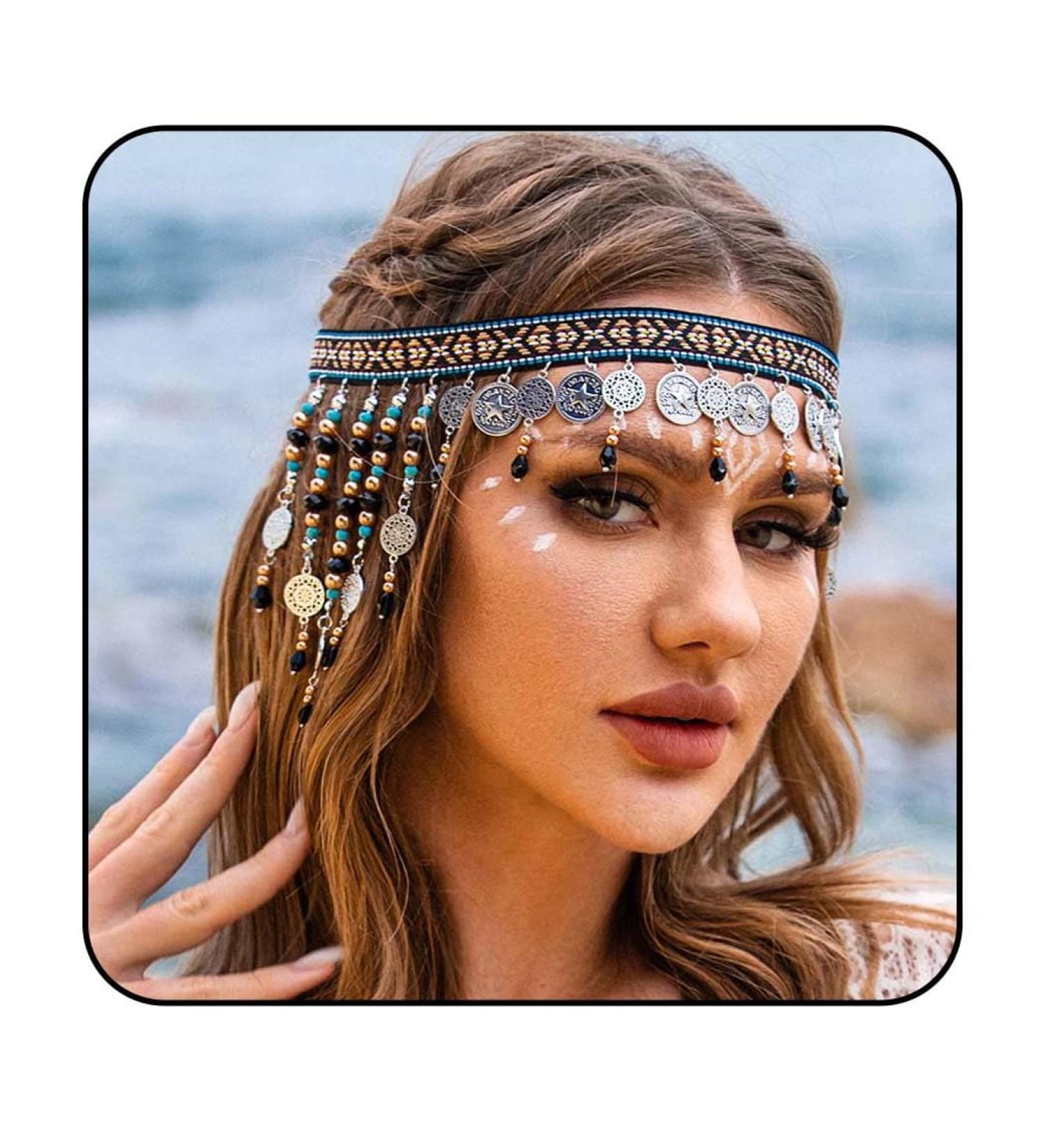 Reaky Sequins Head Chain Boho Tassels Headbands Silver Star Headpiece Pearl Hairband Festival Hair Accessories for Women - Buy Online on GoSupps.com