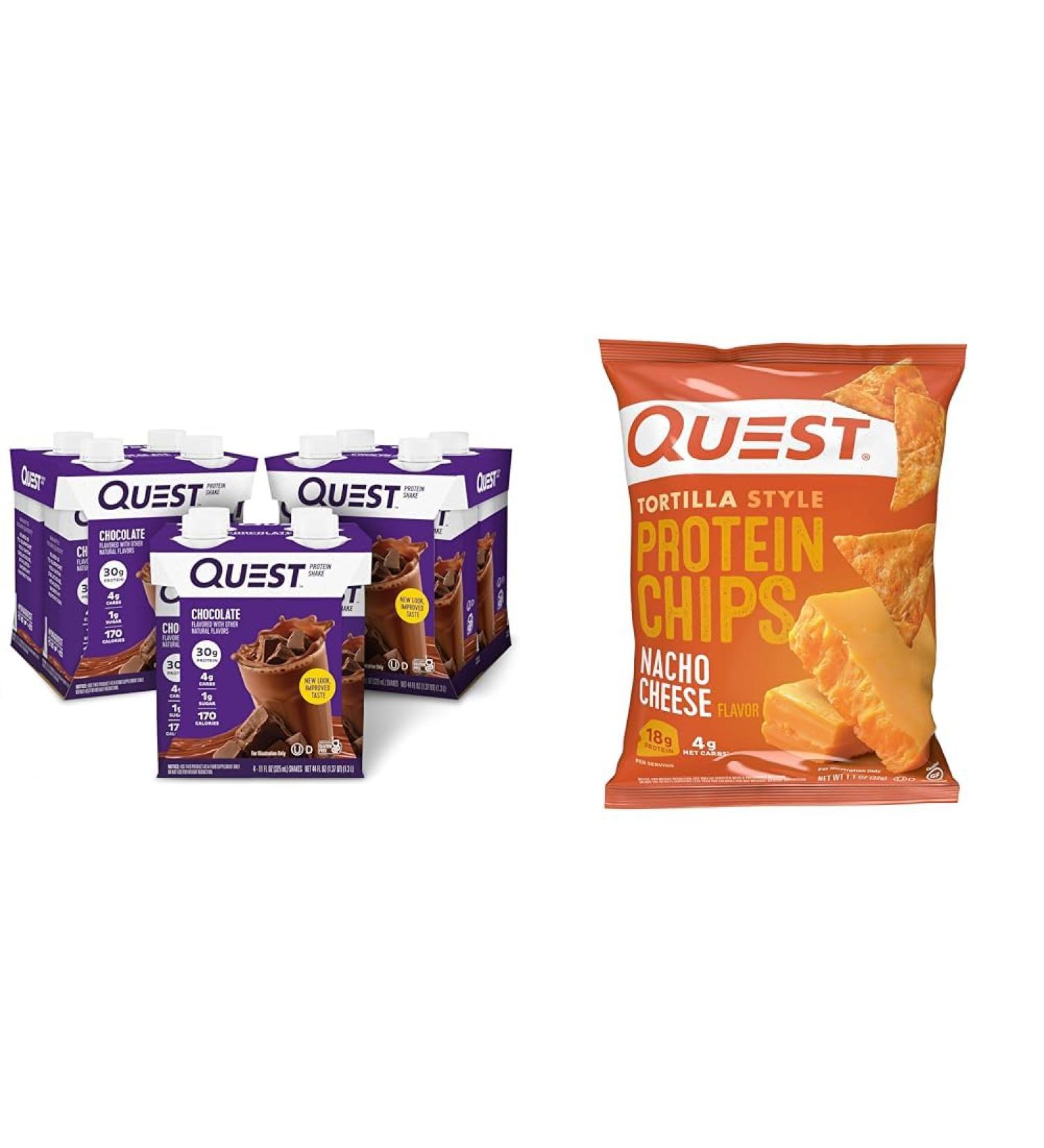Quest Nutrition Ready To Drink Chocolate Protein Shake High Protein Low Carb Gluten Free & Tortilla Style Protein Chips Low Carb Nacho Cheese 1.1 Ounce (Pack of 12) - Buy Online on GoSupps.com