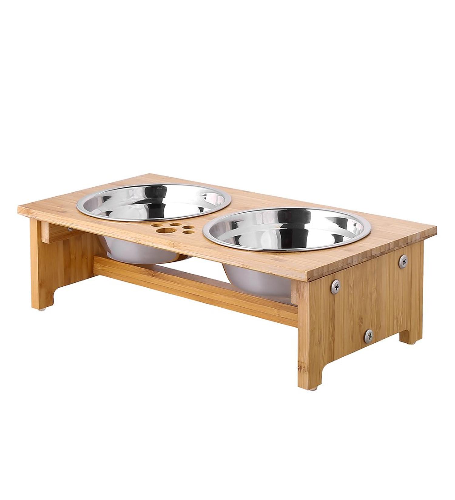 FOREYY Bamboo Raised Pet Bowls for Cats & Small Dogs 2 Stainless Steel Bowls, Anti-Slip Stand, 4'' Tall - Buy Online on GoSupps.com