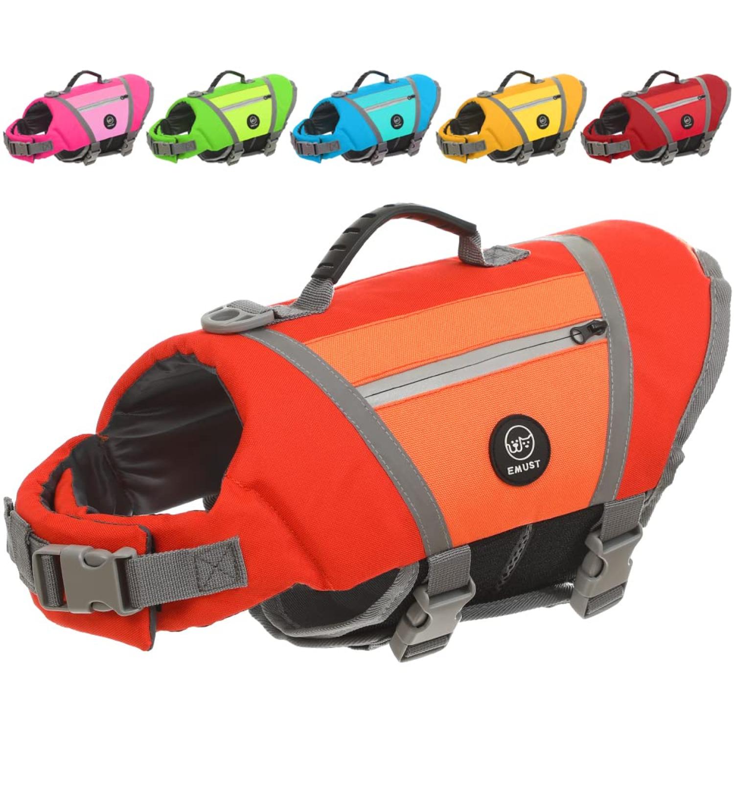 Emust Waterproof Dog Life Jacket - Comfortable Pet Vest for Boats Rafting & Canoeing - Medium Size with Rescue Handle & Leash D-Ring (Orange) - Buy Online on GoSupps.com