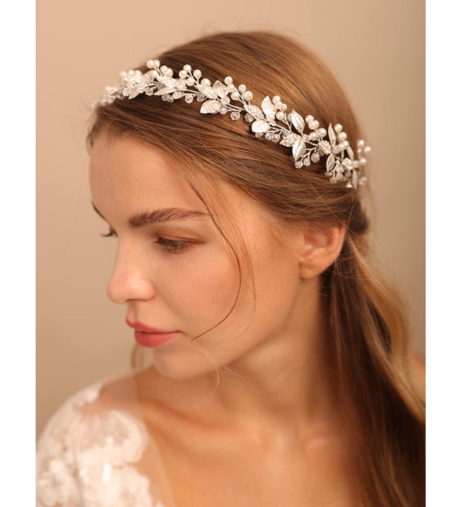 Deniferymakeup Bridal Wedding Hair Accessory Pearl Hair Vine Leaf headband Rhinestone Hair Piece for Bride - Buy Online on GoSupps.com