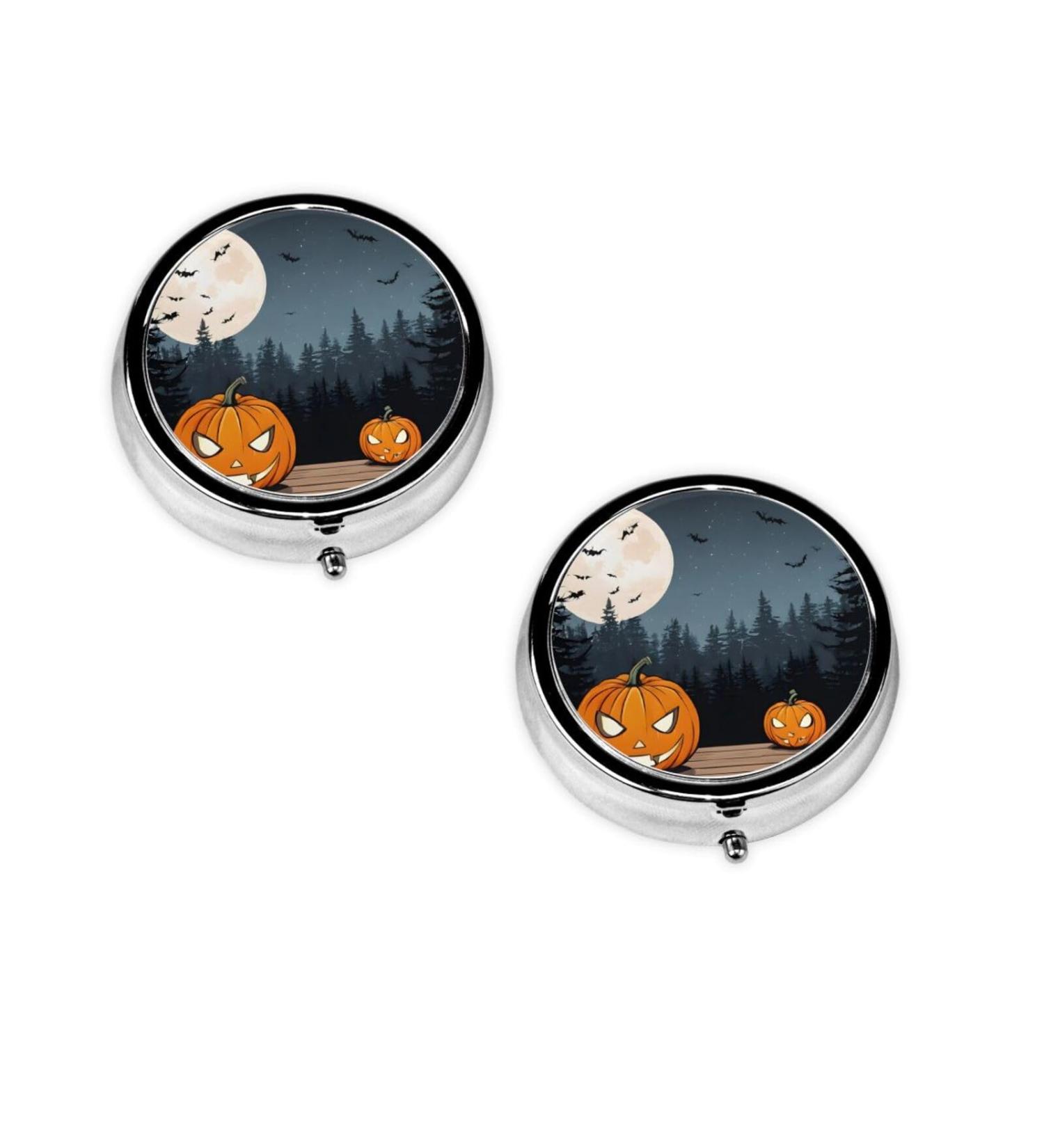 Halloween Moon Bat Pumpkin Pill Box | 3 Compartment Mini Decorative Travel Organizer for Vitamins & Medicine - Buy Online on GoSupps.com