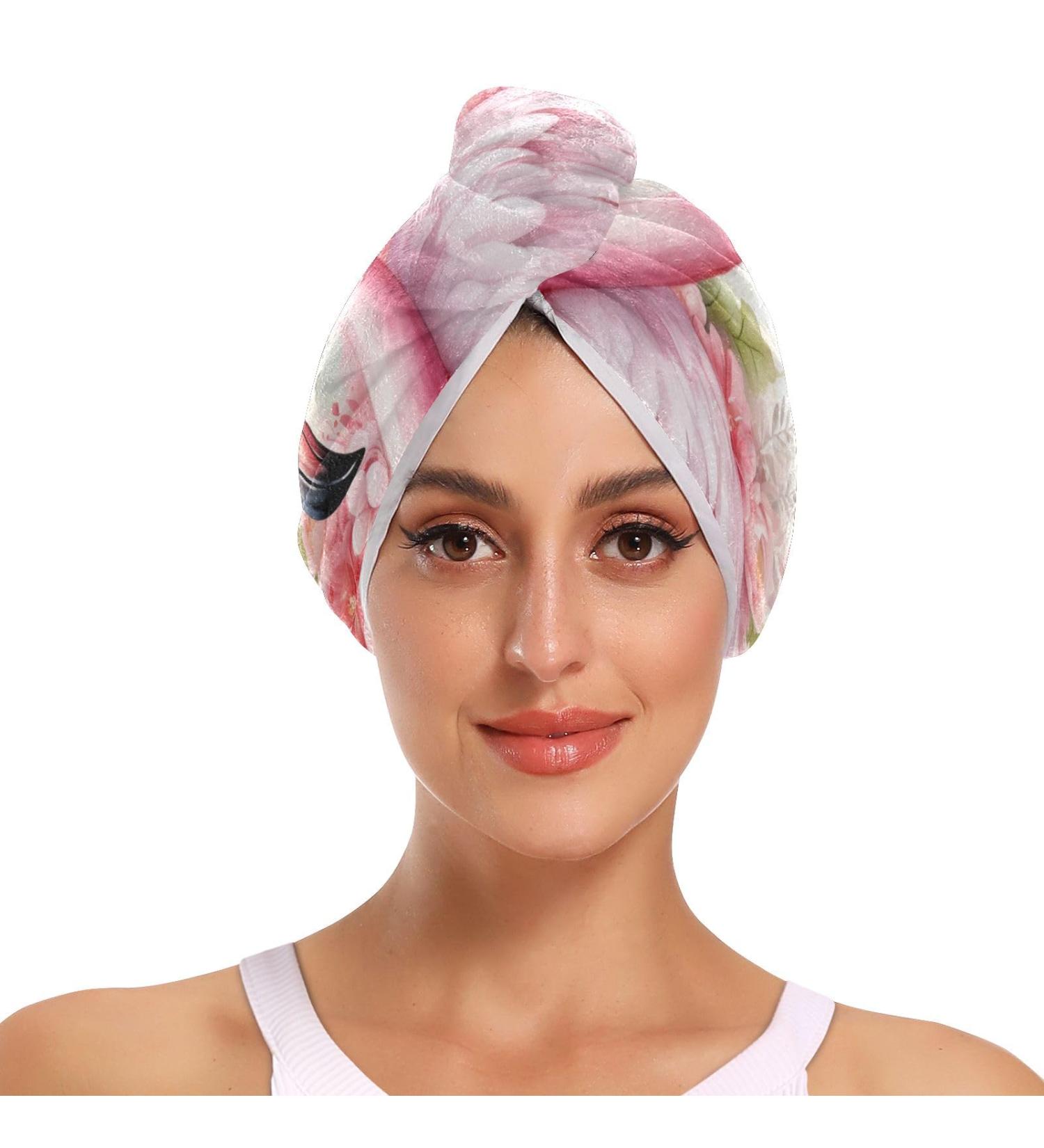 Pink Flamingo Flowers Hair Towel 2 Pack - Super Absorbent Quick Dry Hair Turbans for Women & Girls - Buy Online on GoSupps.com