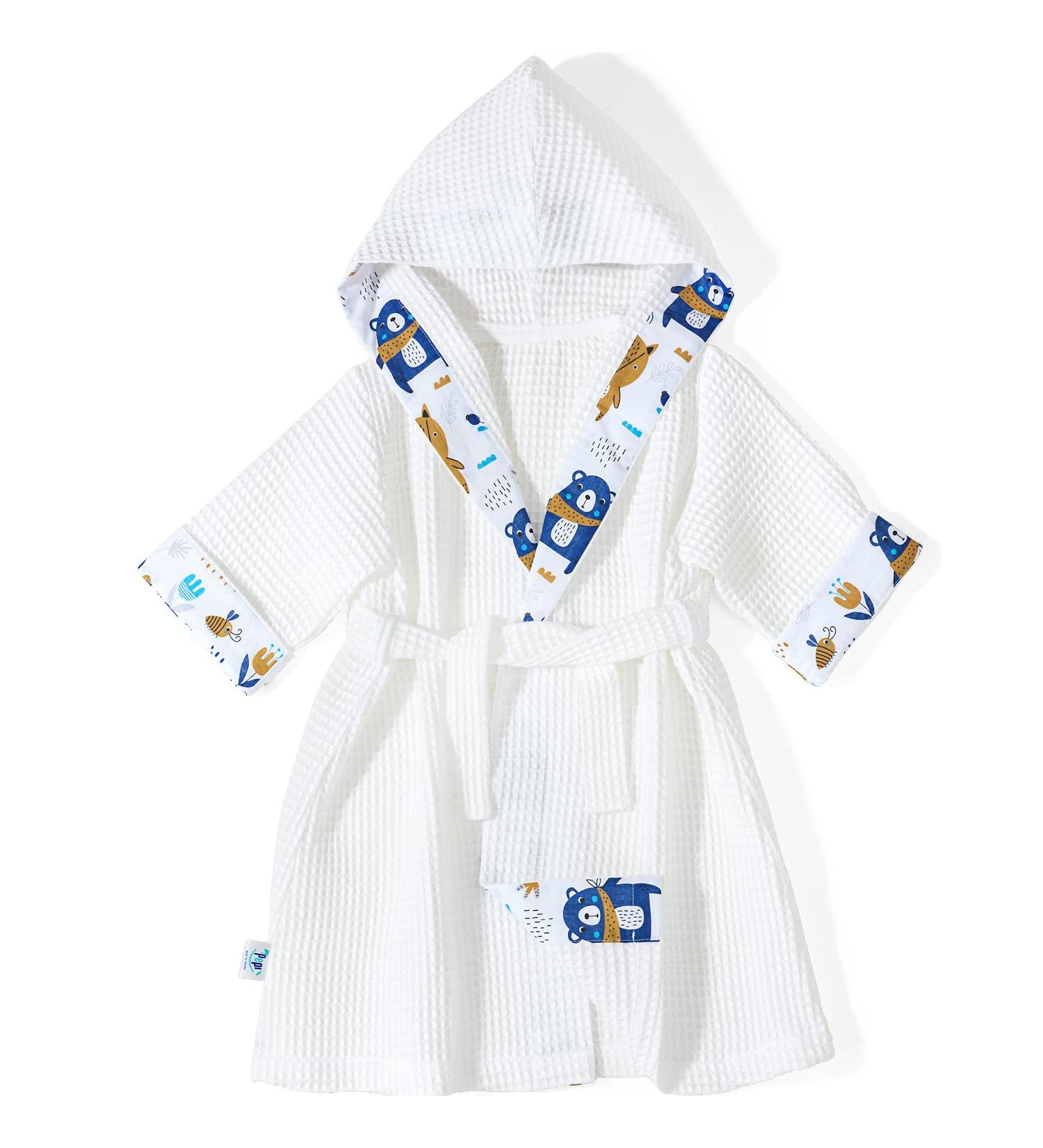 Pepi 100% Cotton Children's Bathrobe - Unisex Baby Bathrobe with Hood in Blue Bear Design - Made in Poland - Buy Online on GoSupps.com