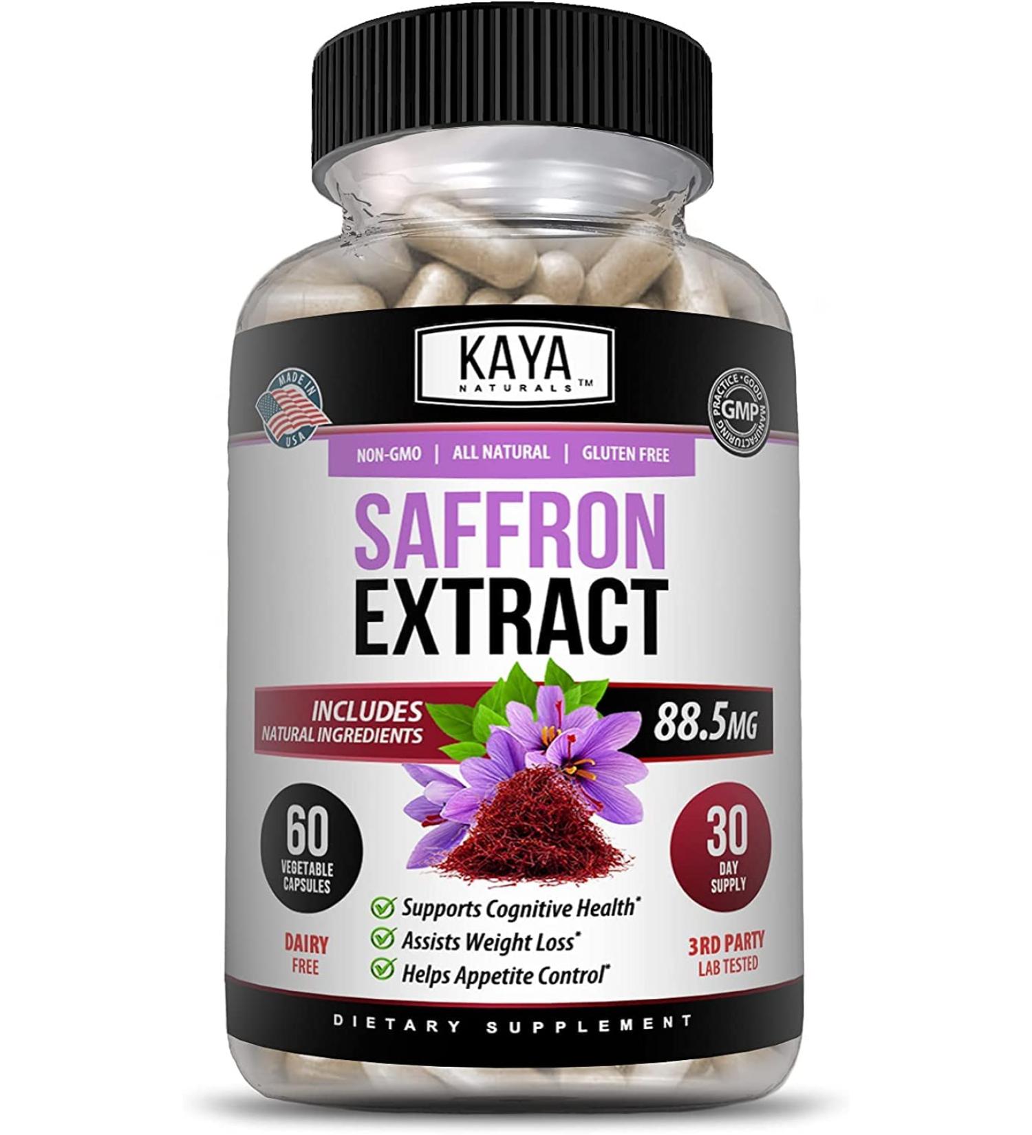 Kaya Naturals Saffron Supplement Capsules - 100% Pure Extract for Energy & Mood Boost | Eye & Heart Health Support - 60 Count - Buy Online on GoSupps.com
