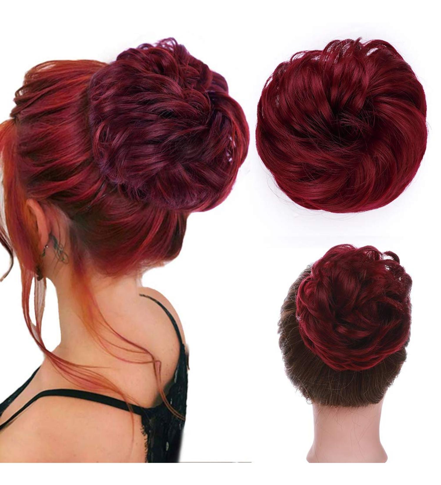 Synthetic Messy Hair Bun Scrunchie Extension for Women - Curly Wavy Updo Chignon in Burgundy Red - Buy Online on GoSupps.com