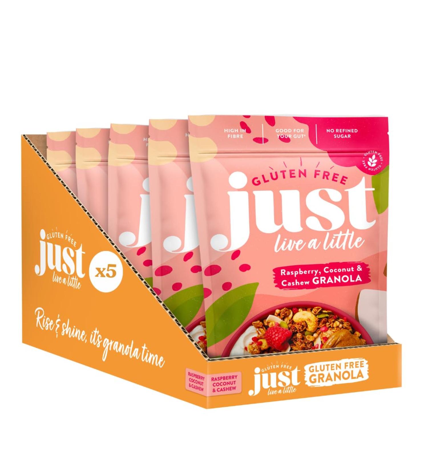 Just Live a Little Gluten Free Granola | 5 x 360g packs | Vegan Granola No Added Sugar (Raspberry Coconut & Cashew Granola) - Buy Online on GoSupps.com