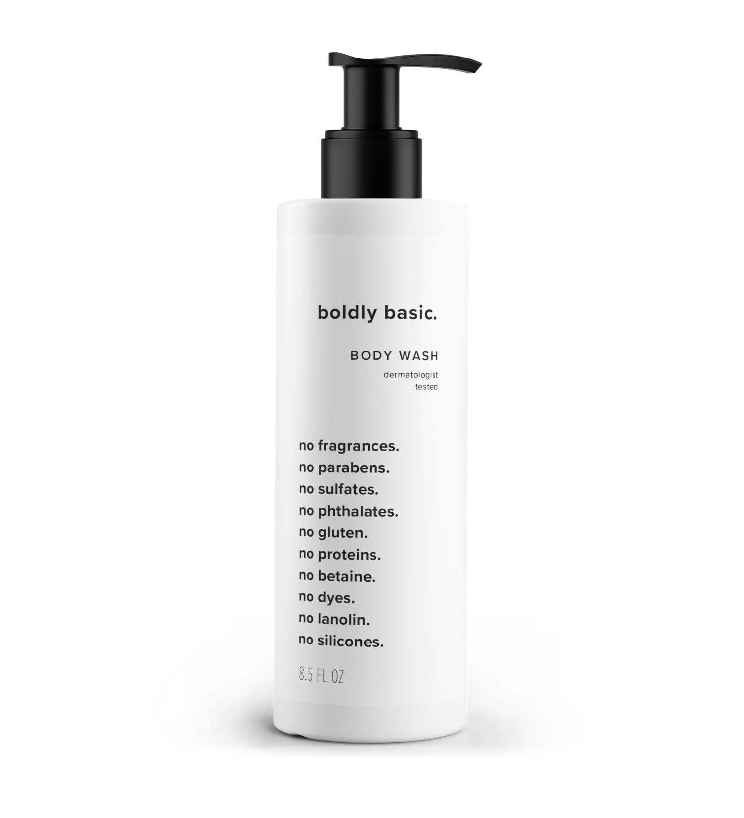 Boldly Basic Fragrance Free Body Wash - Gentle Bodywash on Sensitive Skin - Unscented Shower Gel - Dermatologist Tested - No Sulfates Parabens or Gluten - Non Comedogenic and Hypoallergenic - Buy Online on GoSupps.com