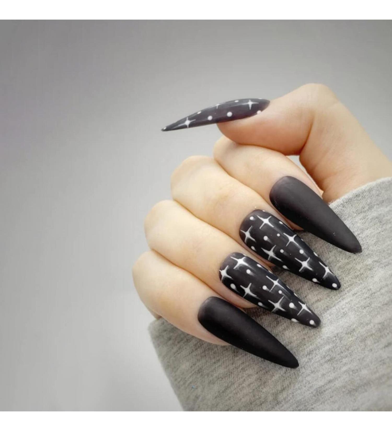 Justotry 24 Pcs Stiletto Fake Nails Long with Star Black French Press on Nails - Almond Stick on Nails for Women | Acrylic Extra Long False Nails with Glue for Nail Art - Buy Online on GoSupps.com