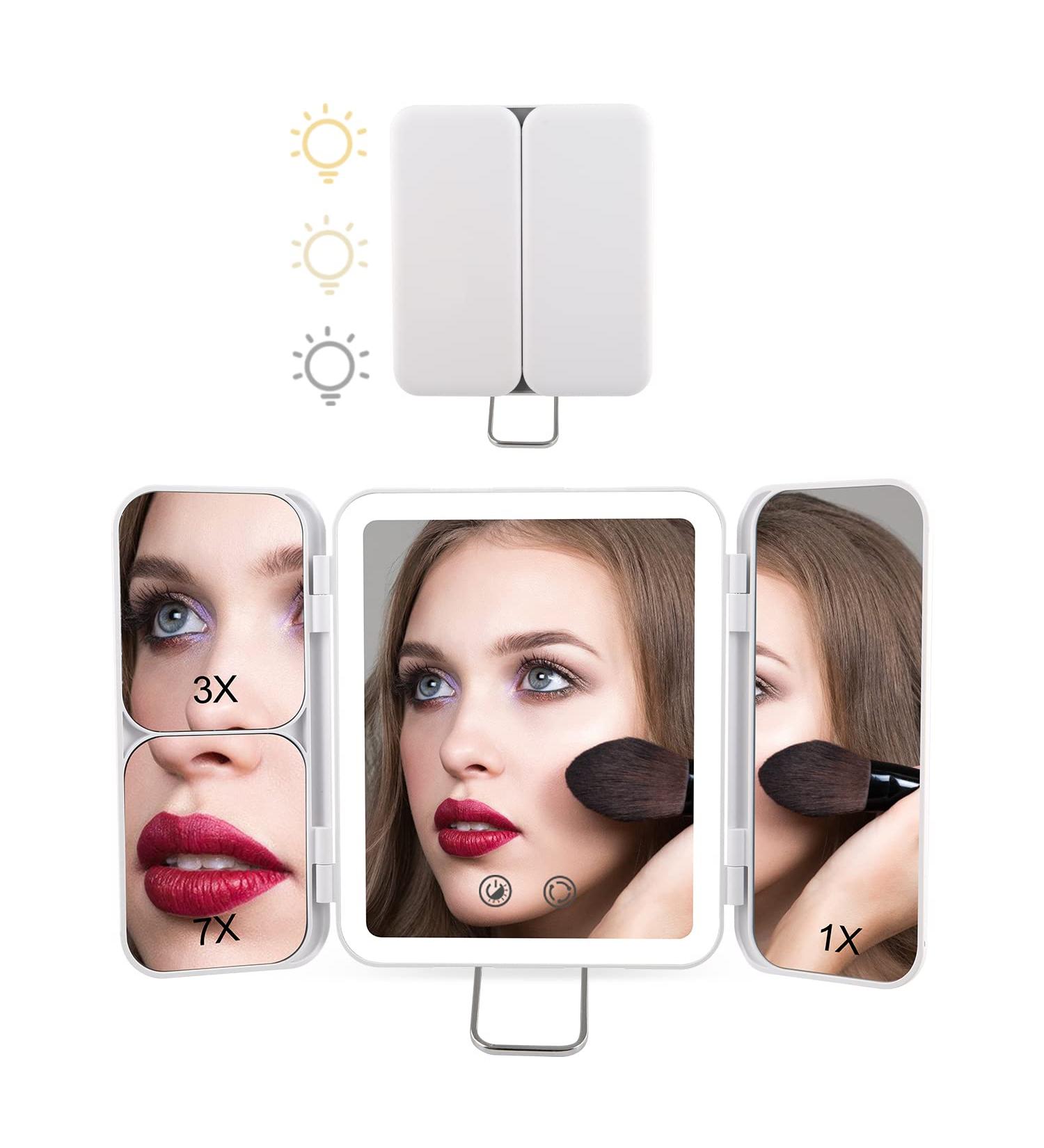 World Backyard Mini Trifold Lighted Makeup Mirror - USB Rechargeable Compact Vanity Mirror with Touch Screen Dimming for Cosmetic - White - Buy Online on GoSupps.com
