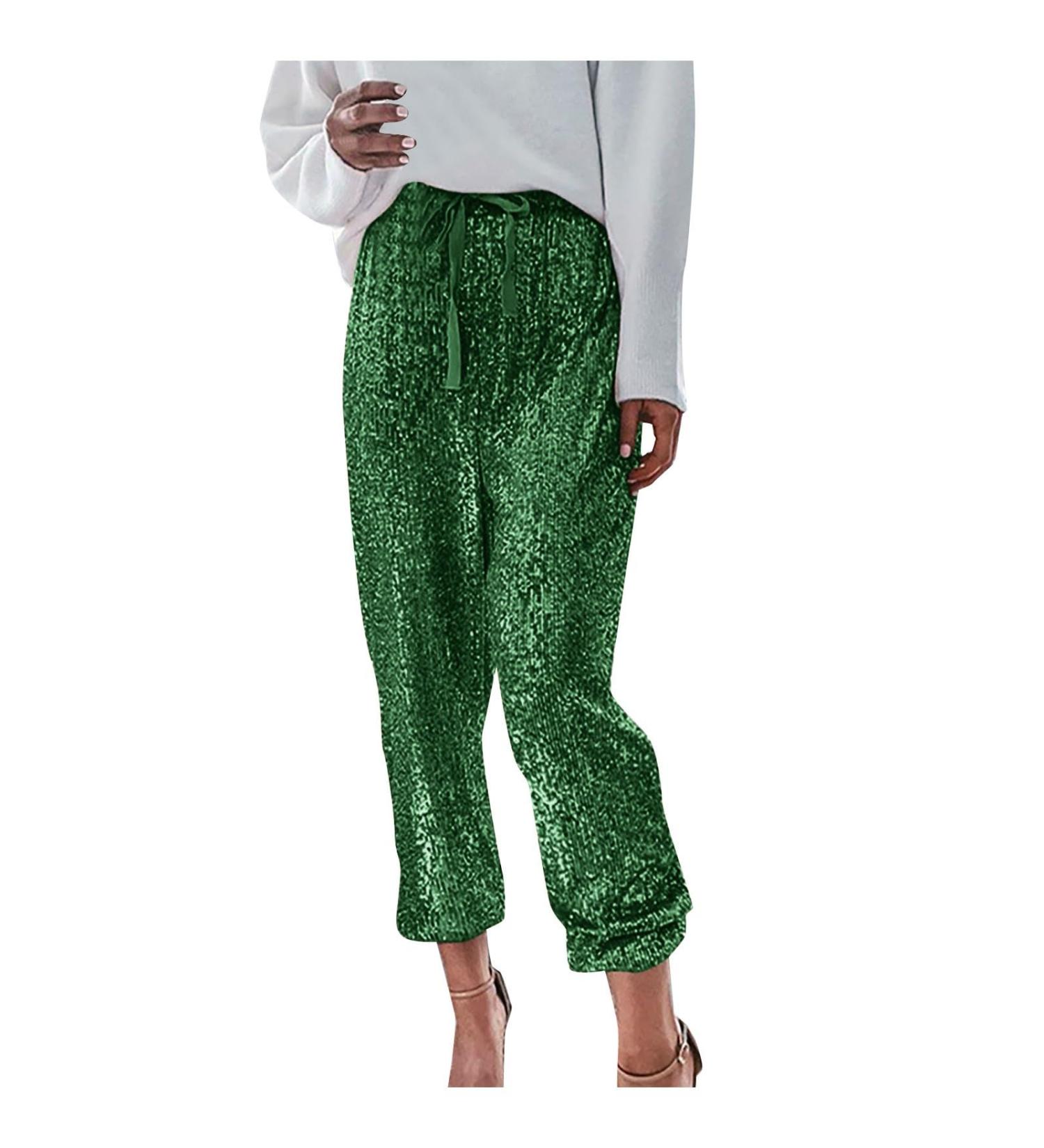 Elegant High Waist Sequin Pants for Women | Stretch Glitter Party Pants in M Green - Stylish & Comfortable - Buy Online on GoSupps.com