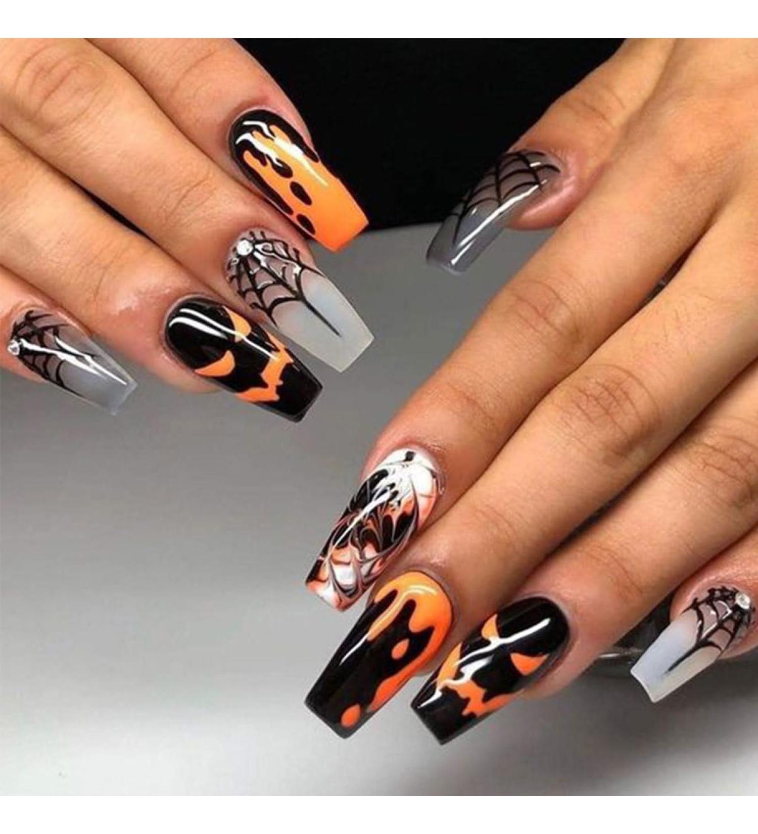 Shop 24 Pcs Halloween Press on Nails - Medium Coffin Square - SHANRUN Ballerina Nail Art with Ghost Spider Web Design - Full Cover Glue On Nail Tips - Buy Online on GoSupps.com