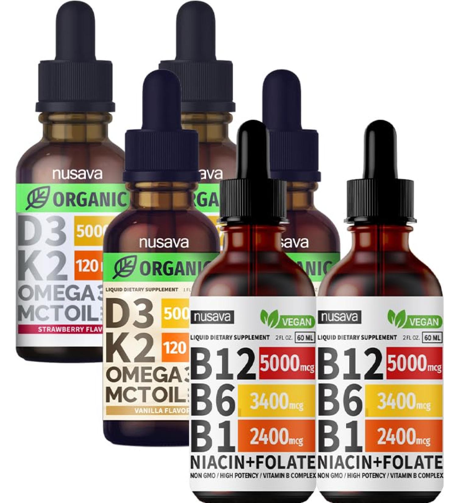NUSAVA Vitamin B12 Liquid Drops Bundle, Strawberry Flavored D3 K2, & Vanilla Flavored D3 K2 - Potent Liquid Vitamins for Heart, Energy, Brain & Immune Support - Non-GMO, Gluten-Free, 2pk Each - Buy Online on GoSupps.com