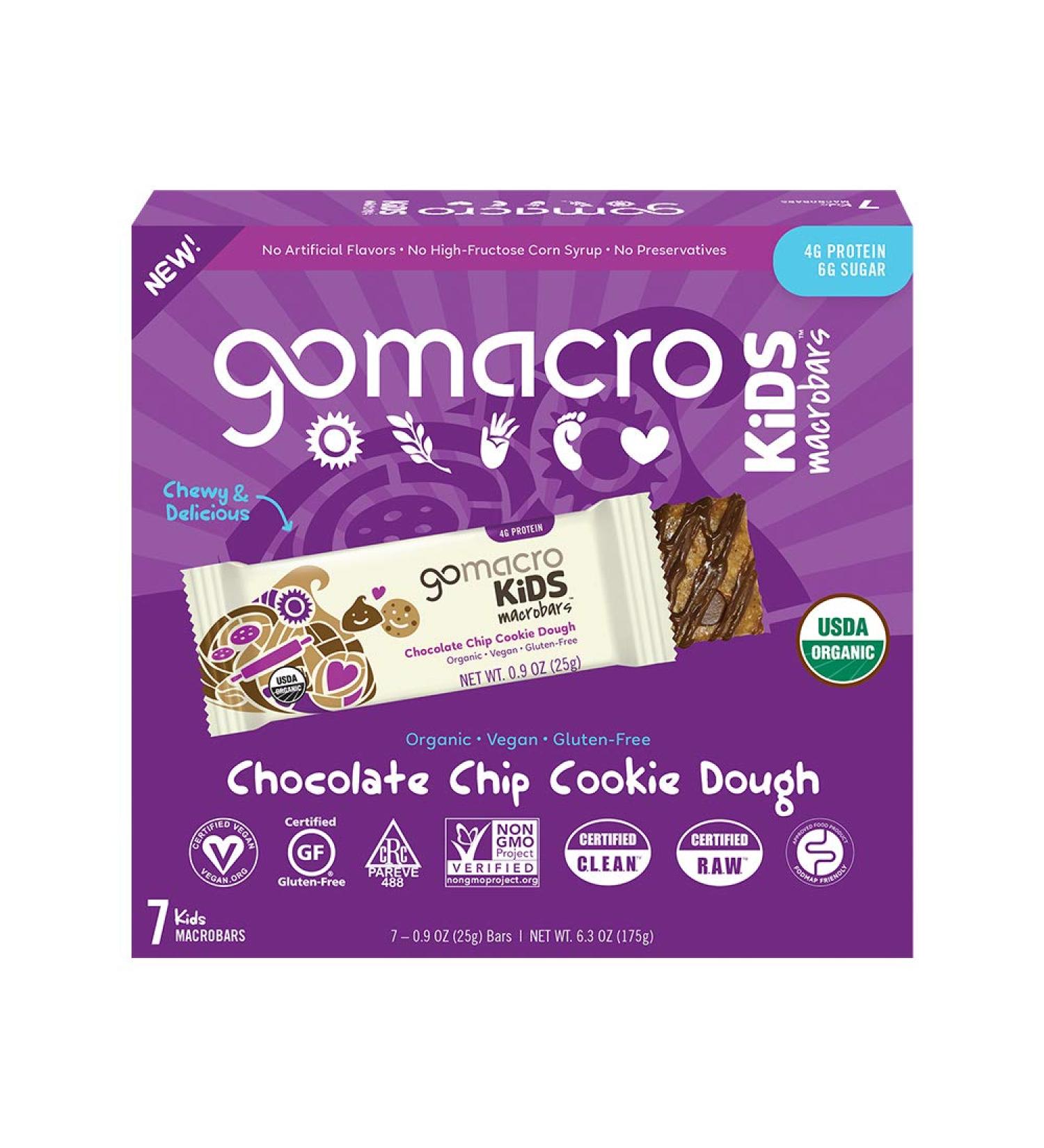 GoMacro Kids MacroBar Organic Vegan Snack Bars - Chocolate Chip Cookie Dough (7 Count, 0.90 oz) - Buy Online on GoSupps.com