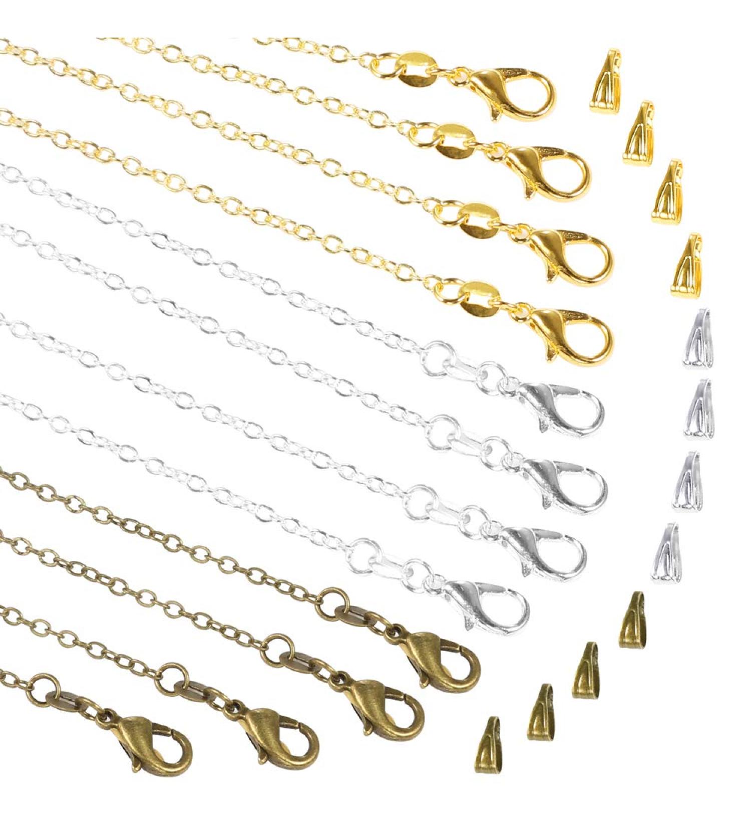 OPOUNT 30 Pack Necklace Chains in Gold, Silver, and Bronze - 18 Inch Bulk Cable Chains for Jewelry Making with Pinch Clasp Bails - Dangle Charms, 3 Colors Included - Buy Online on GoSupps.com