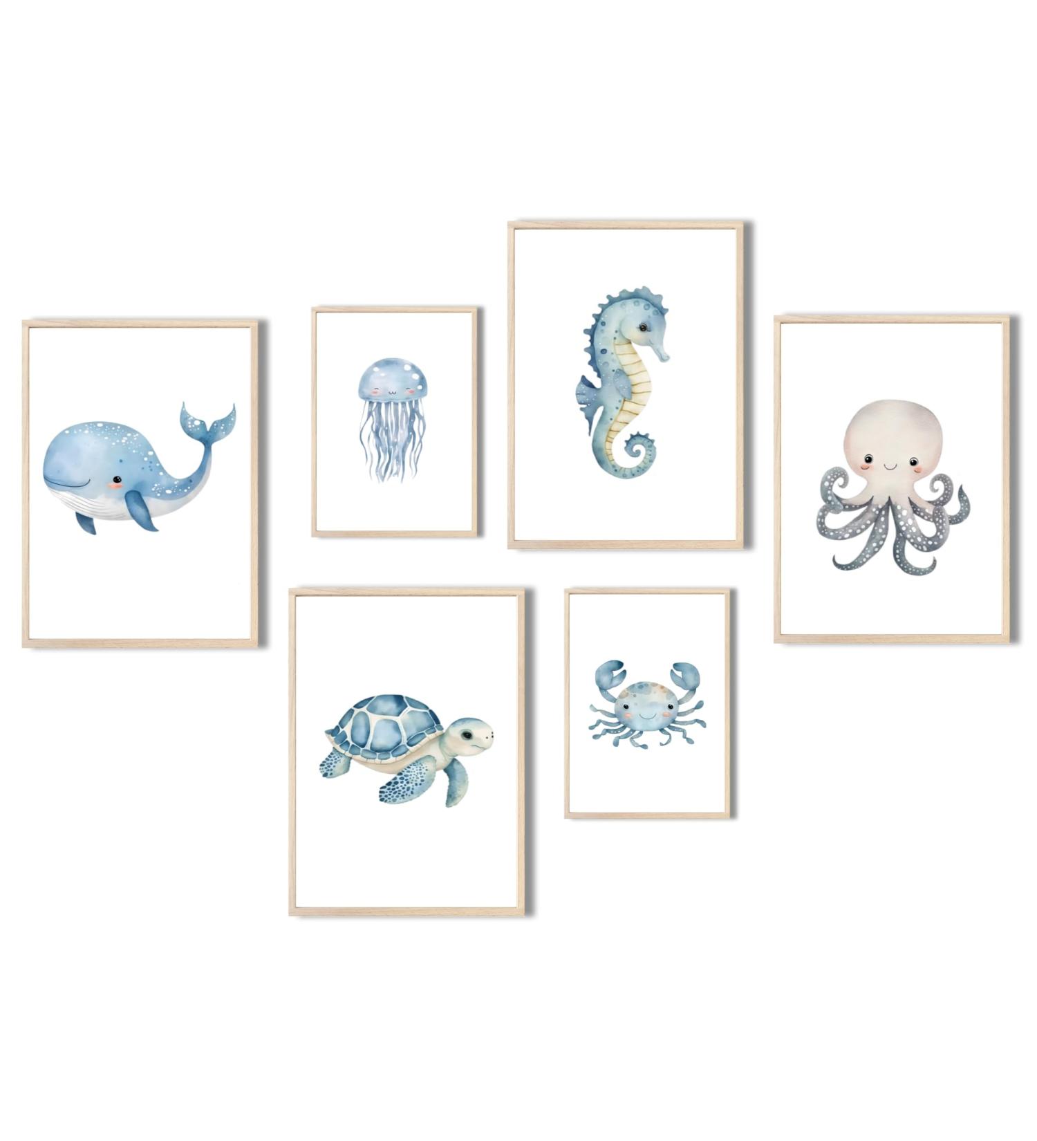 Meinbaby123 Underwater World Pictures for Children's Room | 6 Set DIN A4 & DIN A5 | Whale Turtle Jellyfish Decor | Perfect Gift for Birth | Sea-Themed Wall Art - Buy Online on GoSupps.com
