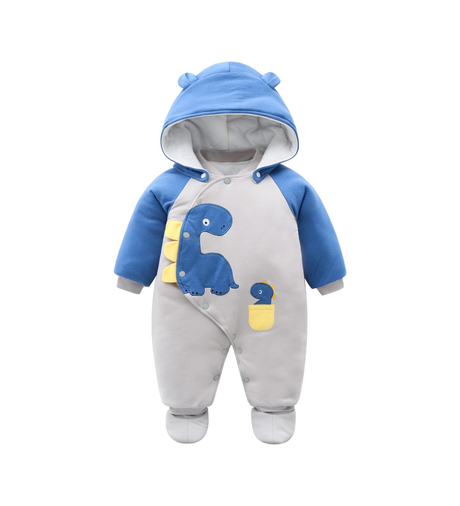 Baby Snowsuit Winter Romper | Cotton Jumpsuit with Detachable Hood | Cartoon Dinosaur Design | 6-9 Months Blue - Buy Online on GoSupps.com