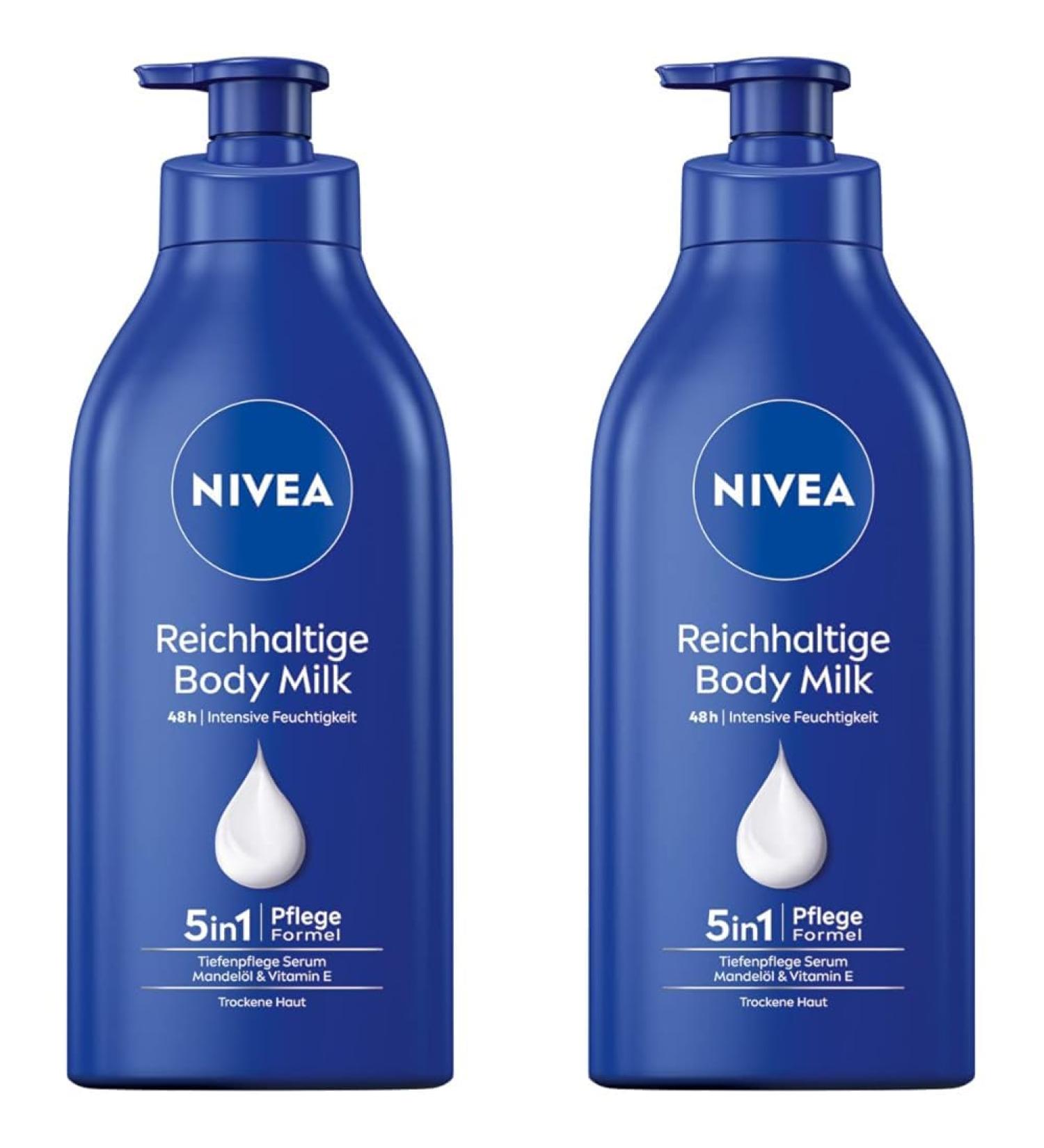 Nivea Rich Body Milk 625ml - 48H Moisturizer Lotion with 5-in-1 Formula Almond Oil & Vitamin E - 2 Pack for Deep Care of Dry Skin - Buy Online on GoSupps.com