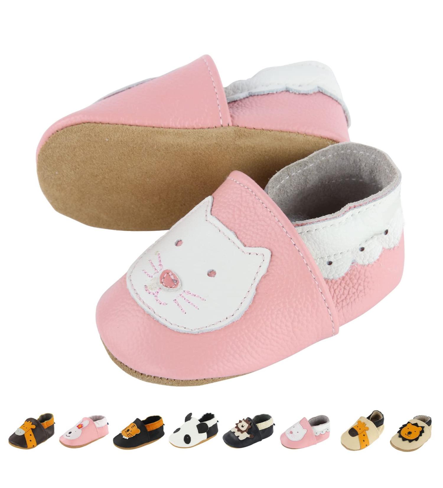 Soft Leather Baby Shoes for Boys and Girls | Non-Slip Rubber Soles | 6-12 Months | Pink Cat Design - Buy Online on GoSupps.com
