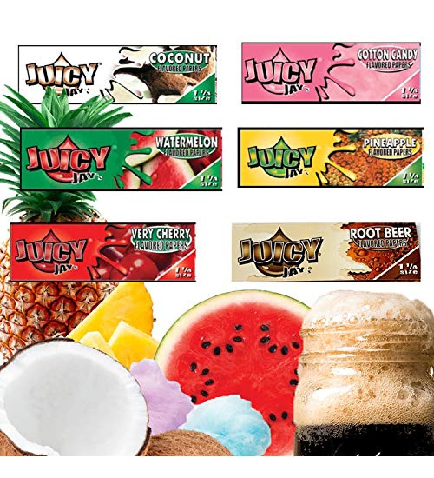 Bundle Pack Juicy Jay's Flavoured Rolling Papers - Cotton Candy Very Cherry Root Beer Coconut Pineapple Watermelon - 1 Pack of Each - 6 Packs Total