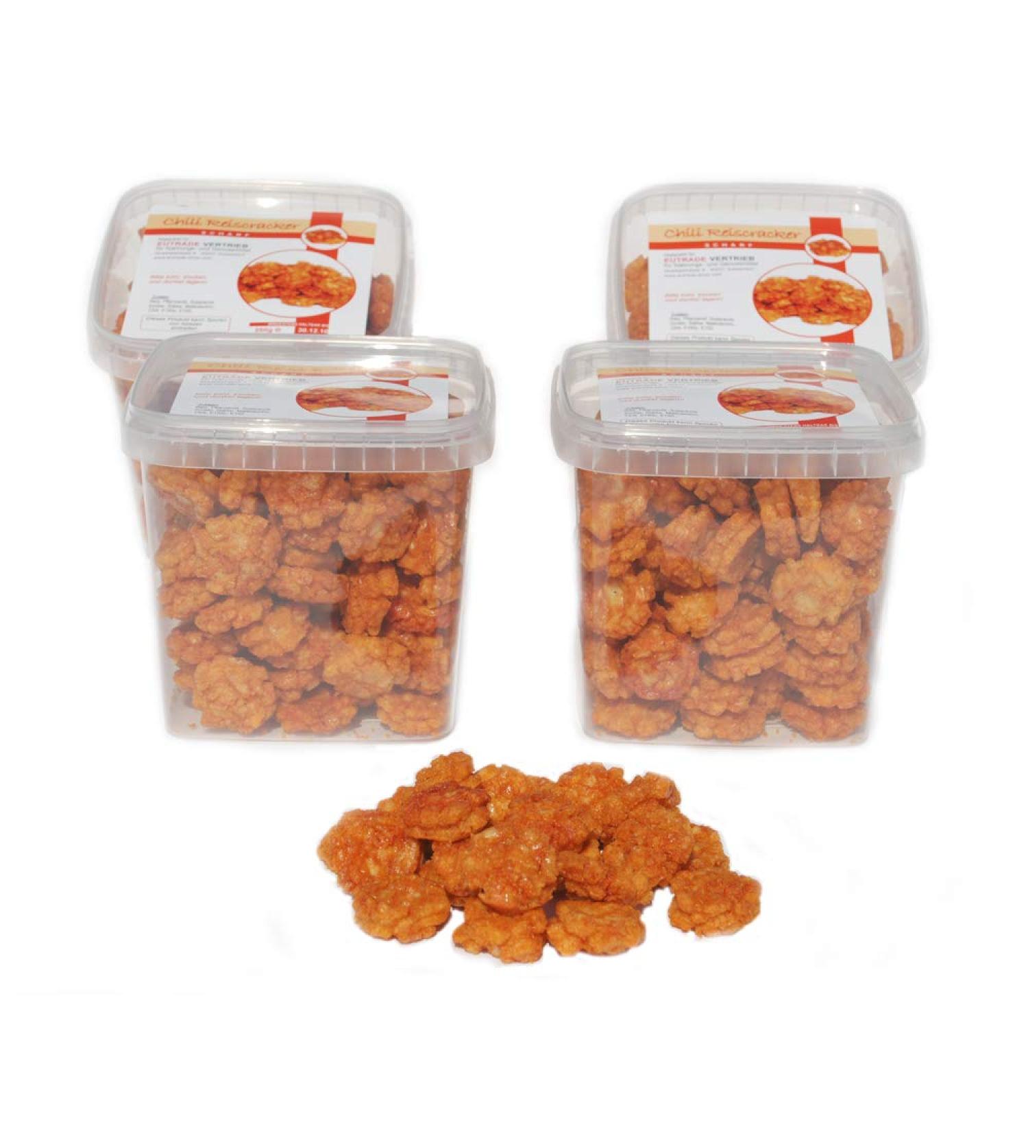 1kg of hot chili rice crackers in four resealable cans of 250g each.