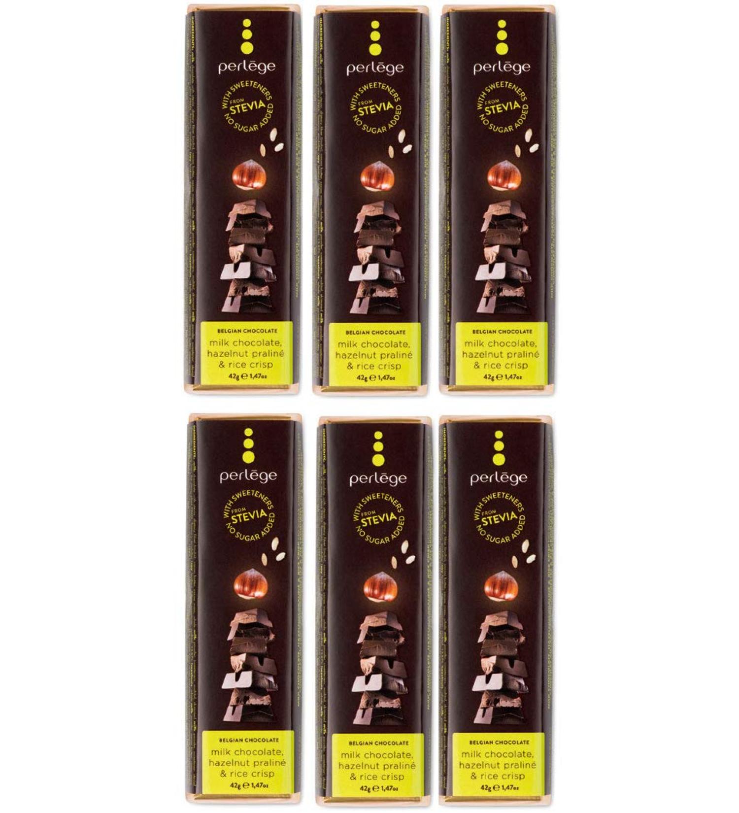 Perlege Perlege Chocolate with no added sugar and stevia (milk chocolate hazelnut praline and crispy rice 6 bars)