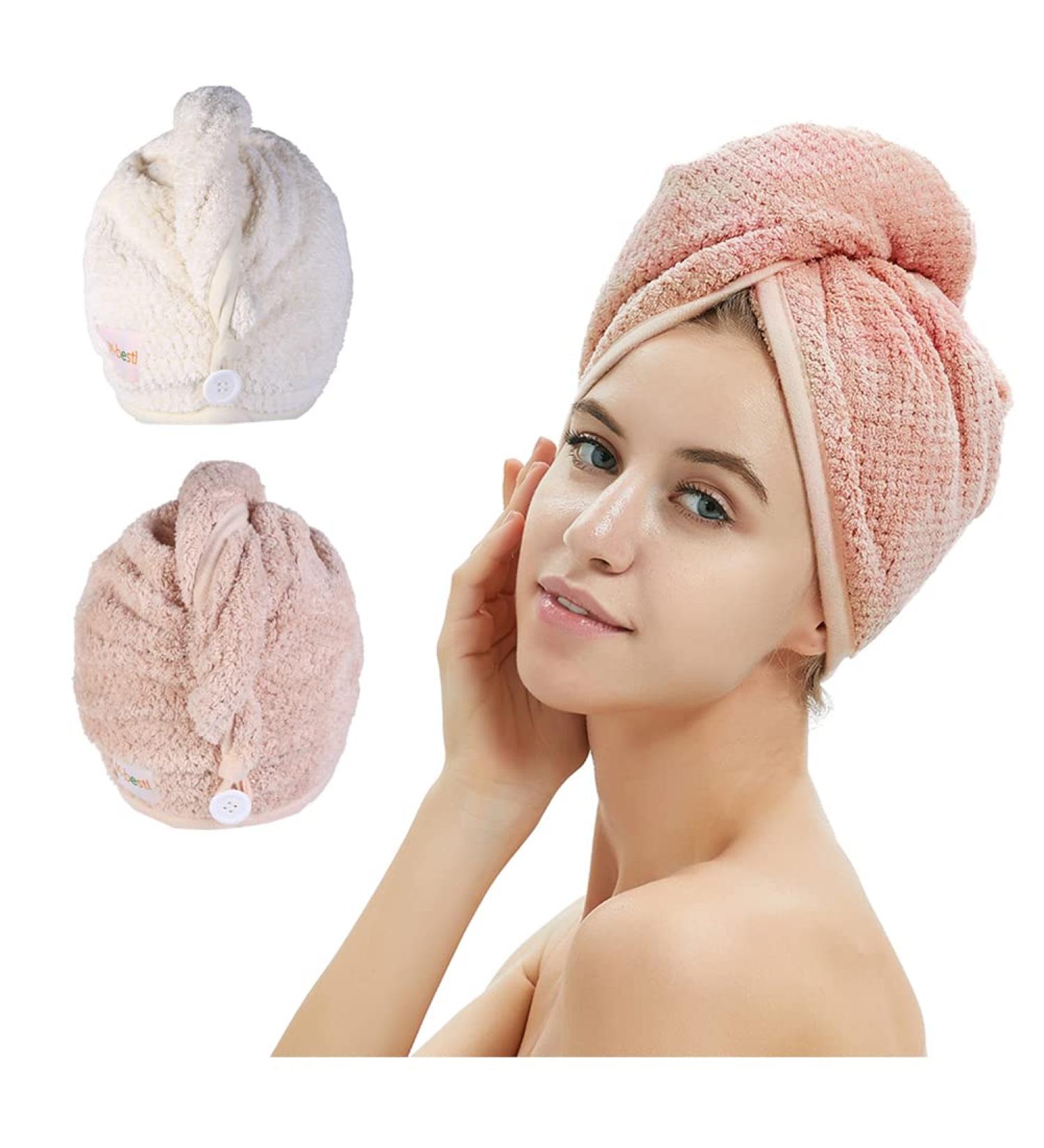 2 Pack Microfiber Hair Towel Wrap with Button - Pink & Beige | Dry Hair Hat for Quick Drying | Bath Hair Cap for Women - Buy Online on GoSupps.com