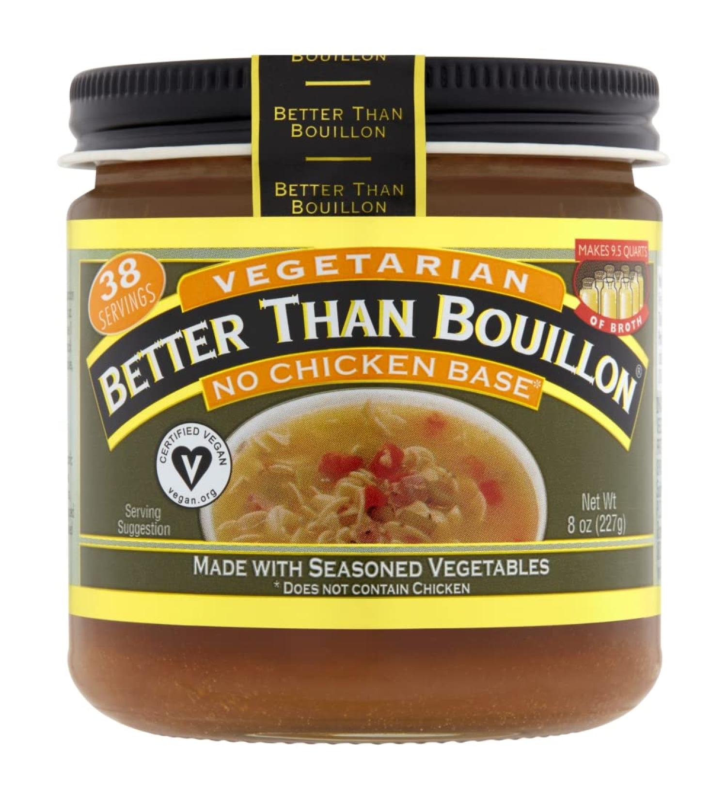 Better Than Bouillon Vegetarian No Chicken Base  Made with Seasoned Vegetables  Certified Vegan  Makes 9.5 Quarts of Broth  38 Servings  8 OZ Jar (Pack of 1) - Buy Online on GoSupps.com