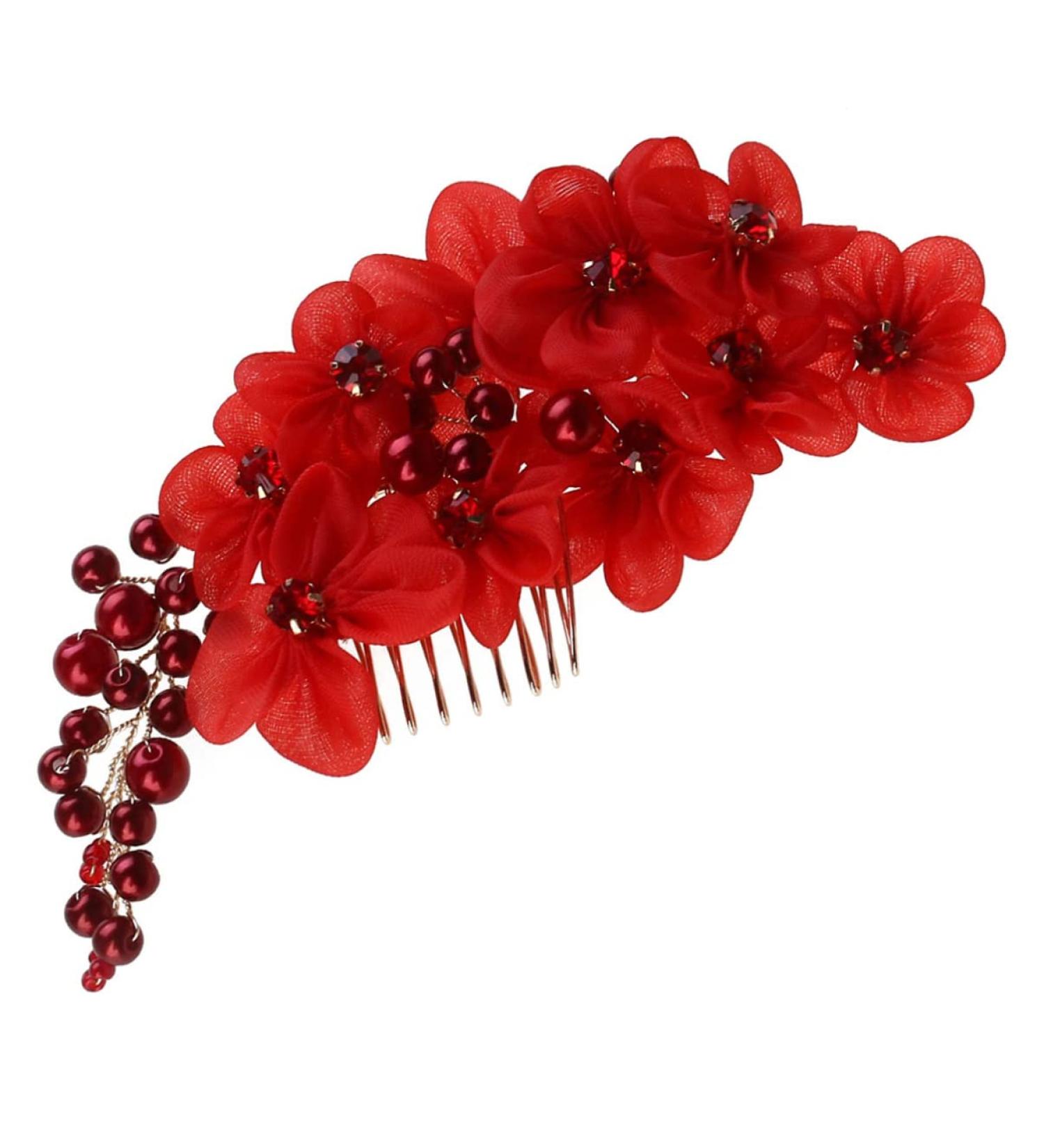 LALAFINA Wedding Hair Comb Artificial Flower Hair Barrettes Pearl Rhinestone Bridal Hair Clip for Women Girls (Red) - Buy Online on GoSupps.com