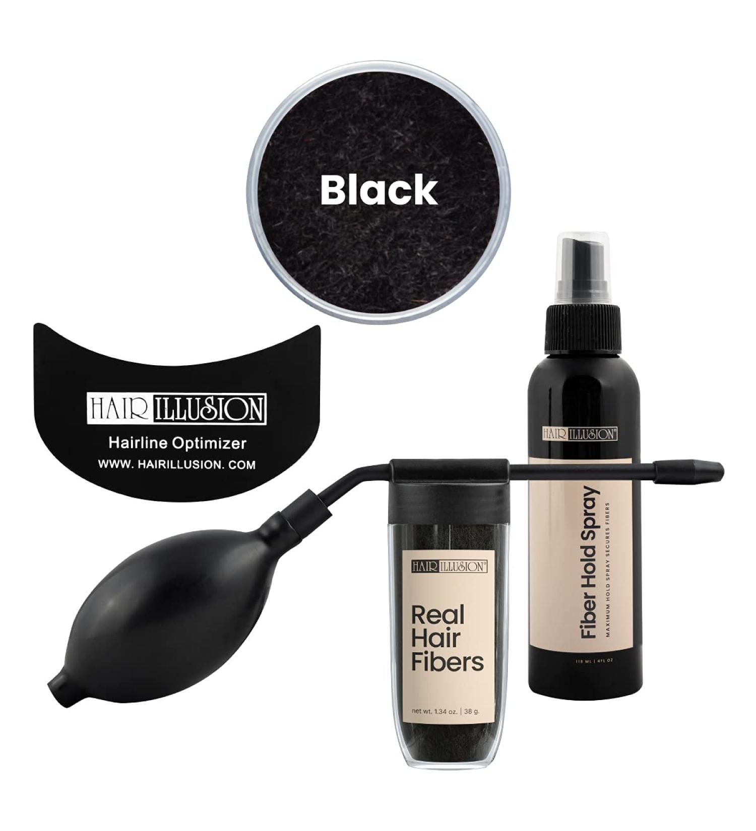 Hair Illusion Combo Kit - Hold Spray, 38g Hair Fiber, Applicator & Optimizer (Black) | Bold & Defined Hair - Buy Online on GoSupps.com