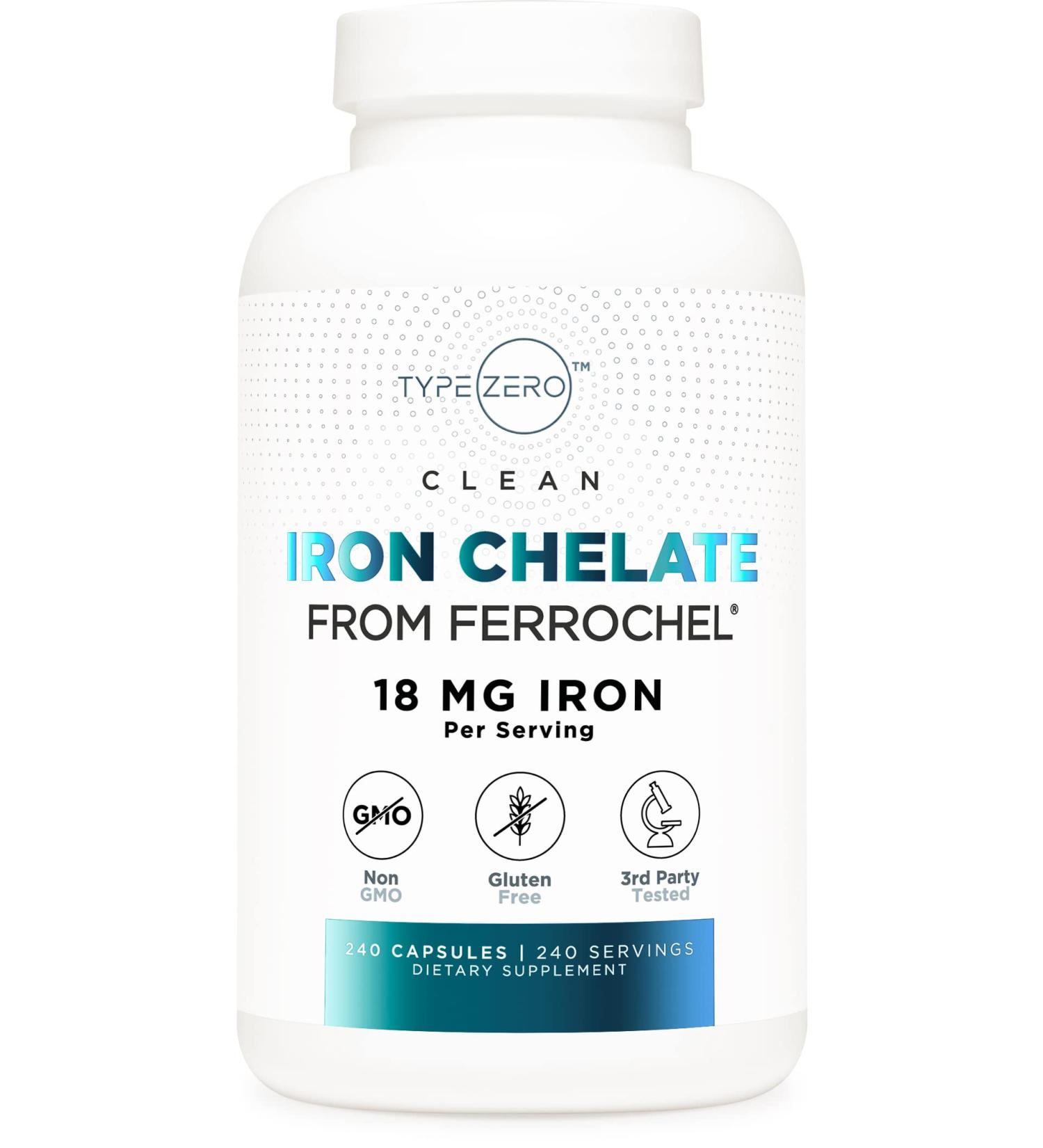 Type Zero Iron Chelate Capsules 18mg - 240 Count, Non-GMO & Gluten Free - Buy Online on GoSupps.com