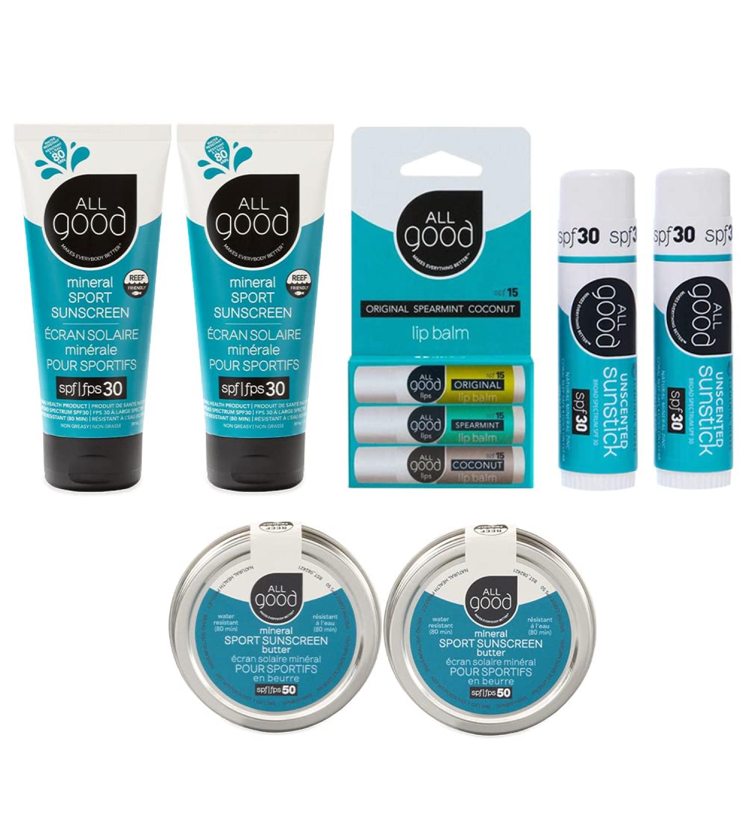 All Good Mineral Ultimate Sun Care Set - 3-Pack SPF Lip Balms 2 Sunscreen Lotions 2 Zinc Sun Butters & 2 Face/Nose/Ear Sunsticks - Water Resistant & Coral Reef Friendly (Unscented) 2-Pack - Buy Online on GoSupps.com