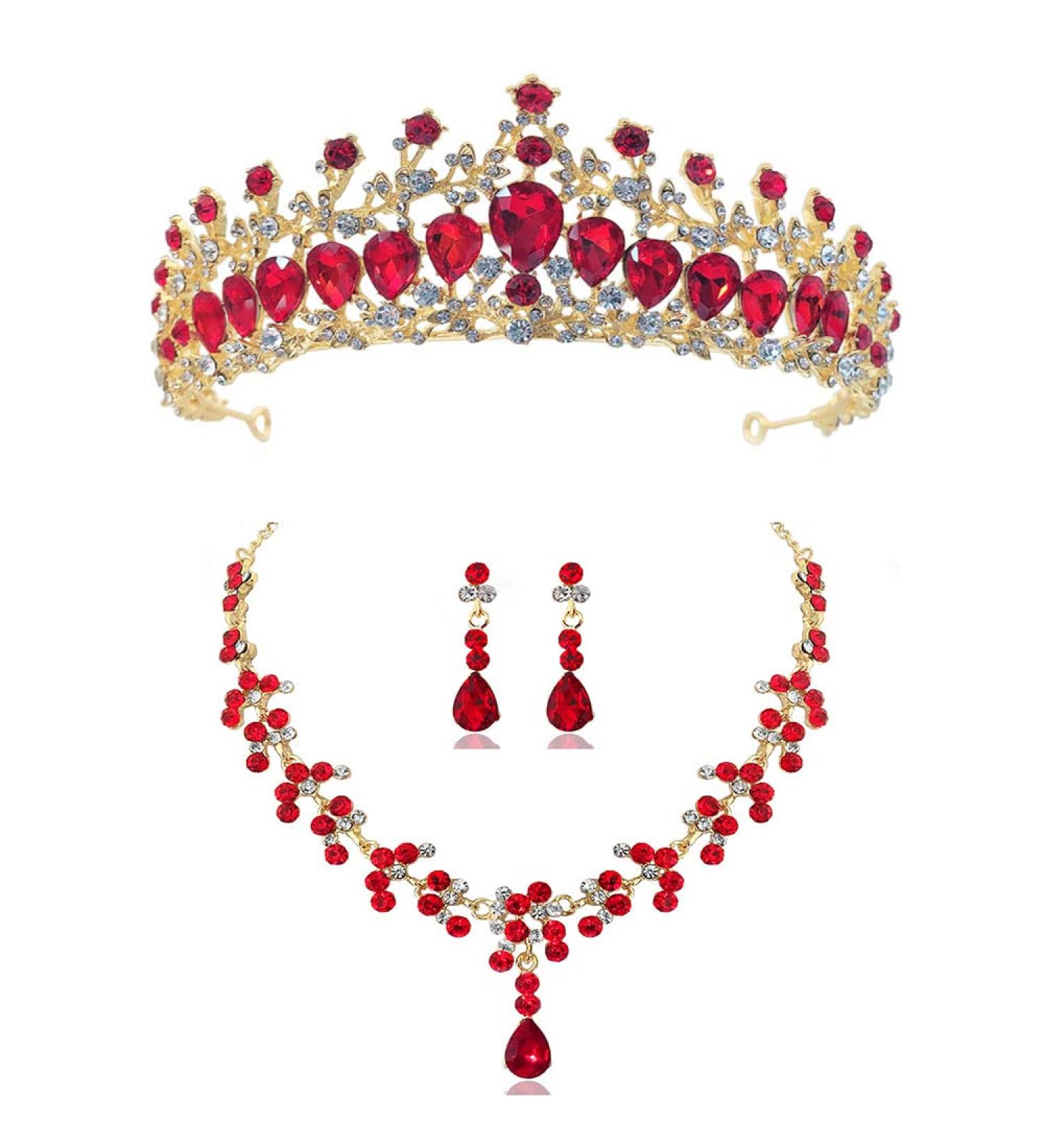 Milisente Bridal Crystal Crown & Tiara Set with Red Rhinestones - Bracelets and Earrings Included - Buy Online on GoSupps.com