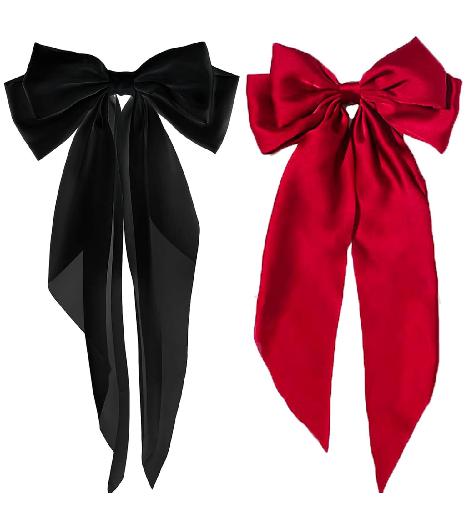 2 Pcs Big Hair bow Hair Bows for Women Bow Hair Clip Elegant Solid Color French Barrette Bows For Hair With Long Silky Satin Hair Barrettes Accessories Bow Hair Clips for Women Girl(Black+Red) - Buy Online on GoSupps.com