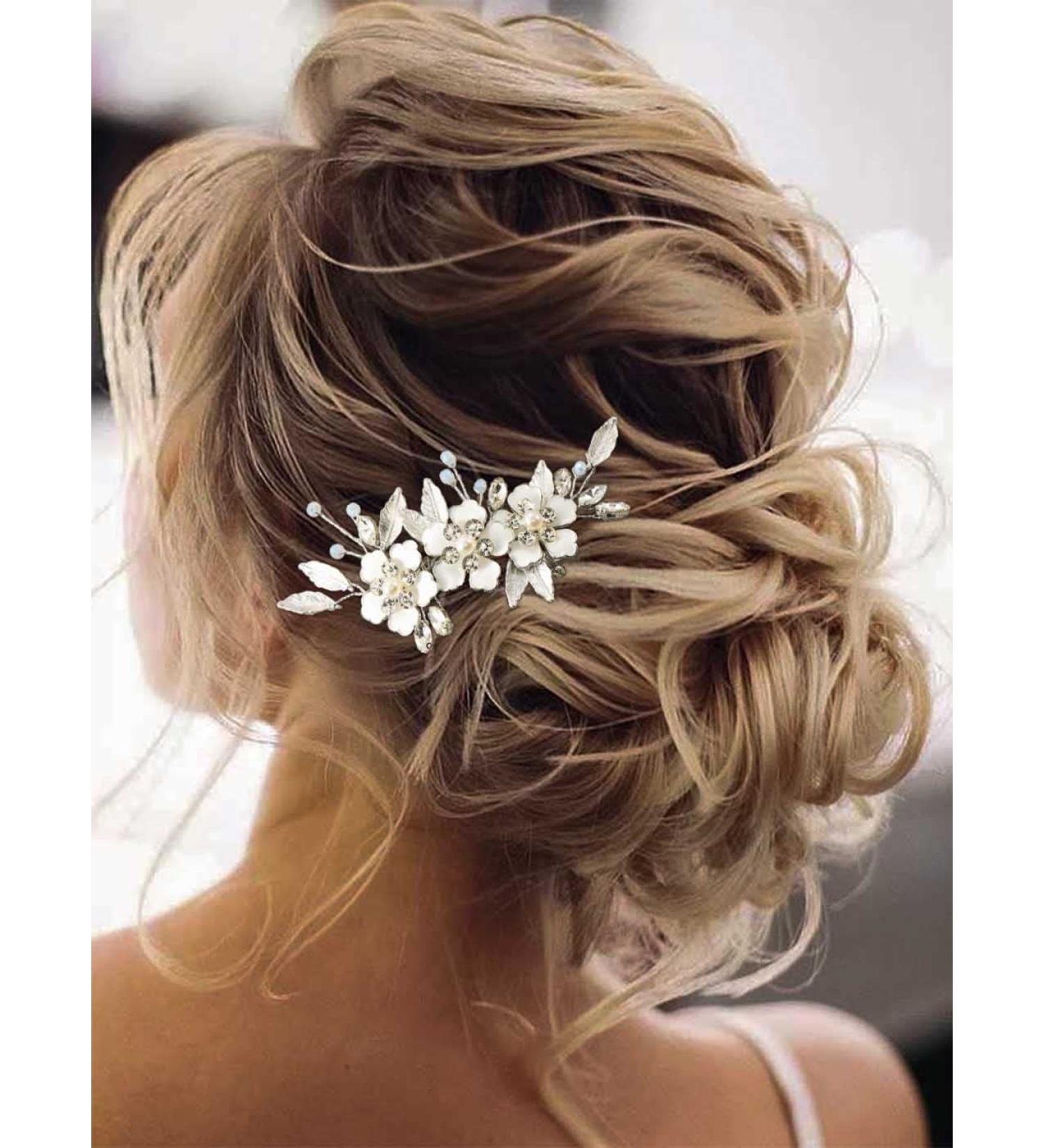 Silver Crystal Flower Bridal Hair Comb - Rhinestone Wedding Hair Piece for Women and Girls - Buy Online on GoSupps.com