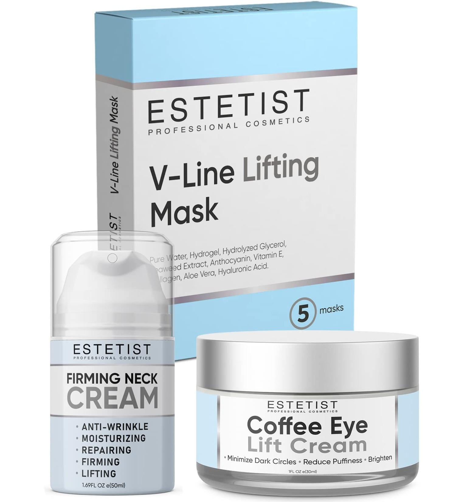 Estetist Caffeine Infused Eye Lift Cream & Neck Firming Bundle for Tightening & Lifting Sagging Skin - V Shaped Slimming Face Mask Included - Buy Online on GoSupps.com