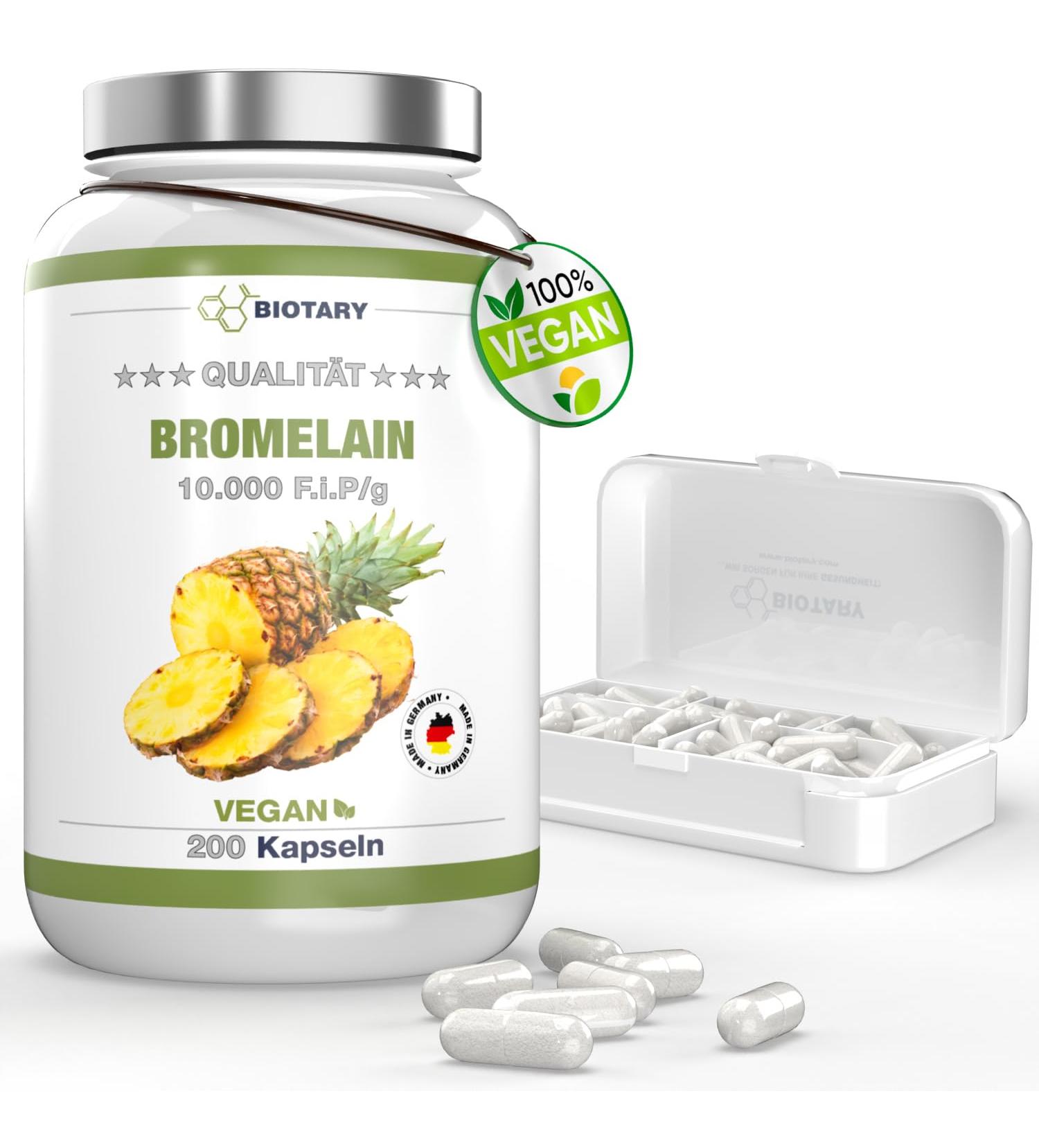 Bromelain 200 Capsules | 500mg (5000 F.I.P / 2500 GDU) per capsule + Vitamin C | 7 Month Supply | High Dosage | Including Pill Box | 100% Vegan | Purely Herbal - Buy Online on GoSupps.com