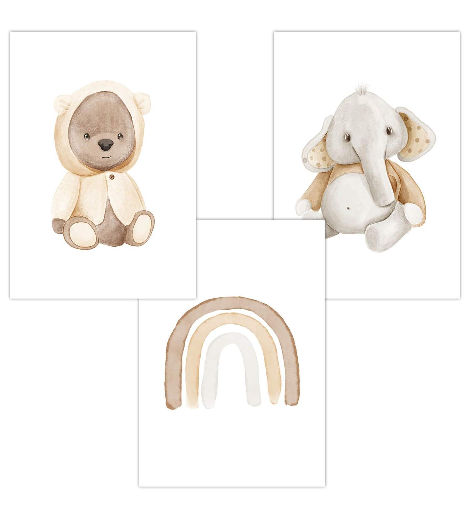 OLGS Baby Room Poster Set of 3 - Teddy Rainbow Wall Pictures for Children's Room Decor - Animals Bear Elephant - Girls Boys Nursery Wall Art - Buy Online on GoSupps.com
