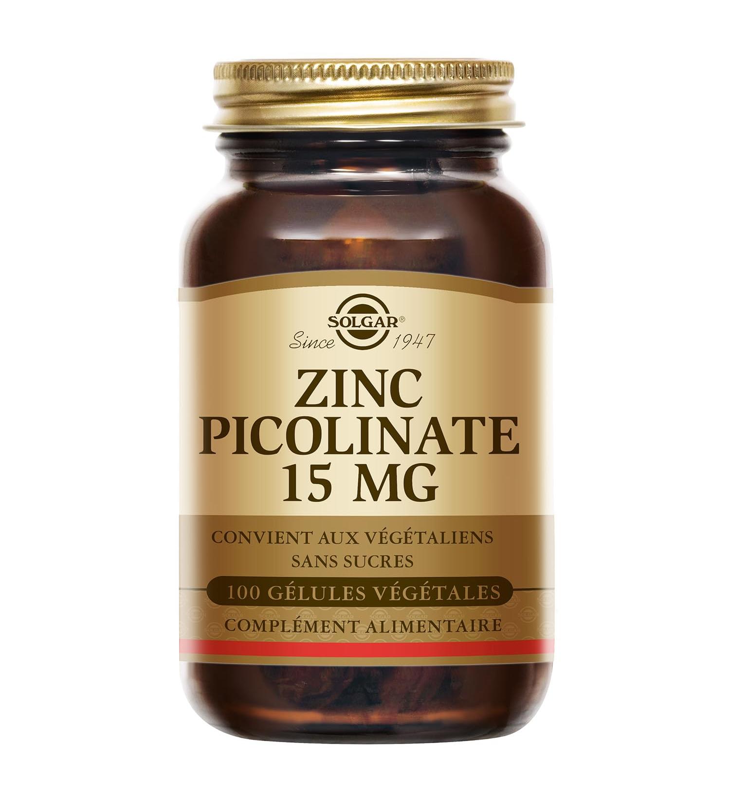 Solgar Zinc Picolinate 15mg - D fenses immunitaires - Zinc hautement assimilable - Nutriment Cl - Compl ment Alimentaire - Flacon de 100 g lules v g tales - Buy Online on GoSupps.com