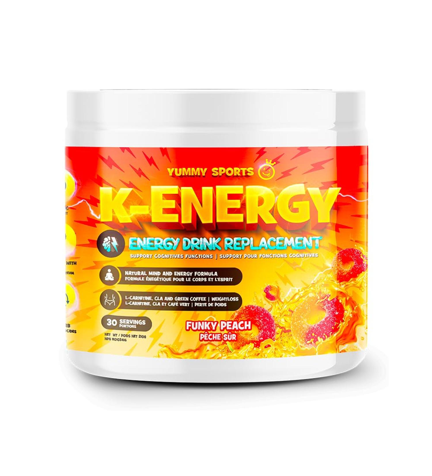 Yummy Sports K-Energy Drink Supplement Boost Energy Enhance Focus Physical Performance Powered by BHB MCT Caffeine Keto-Friendly Energy Drink - 30 Servings - 210g - Funky Peach