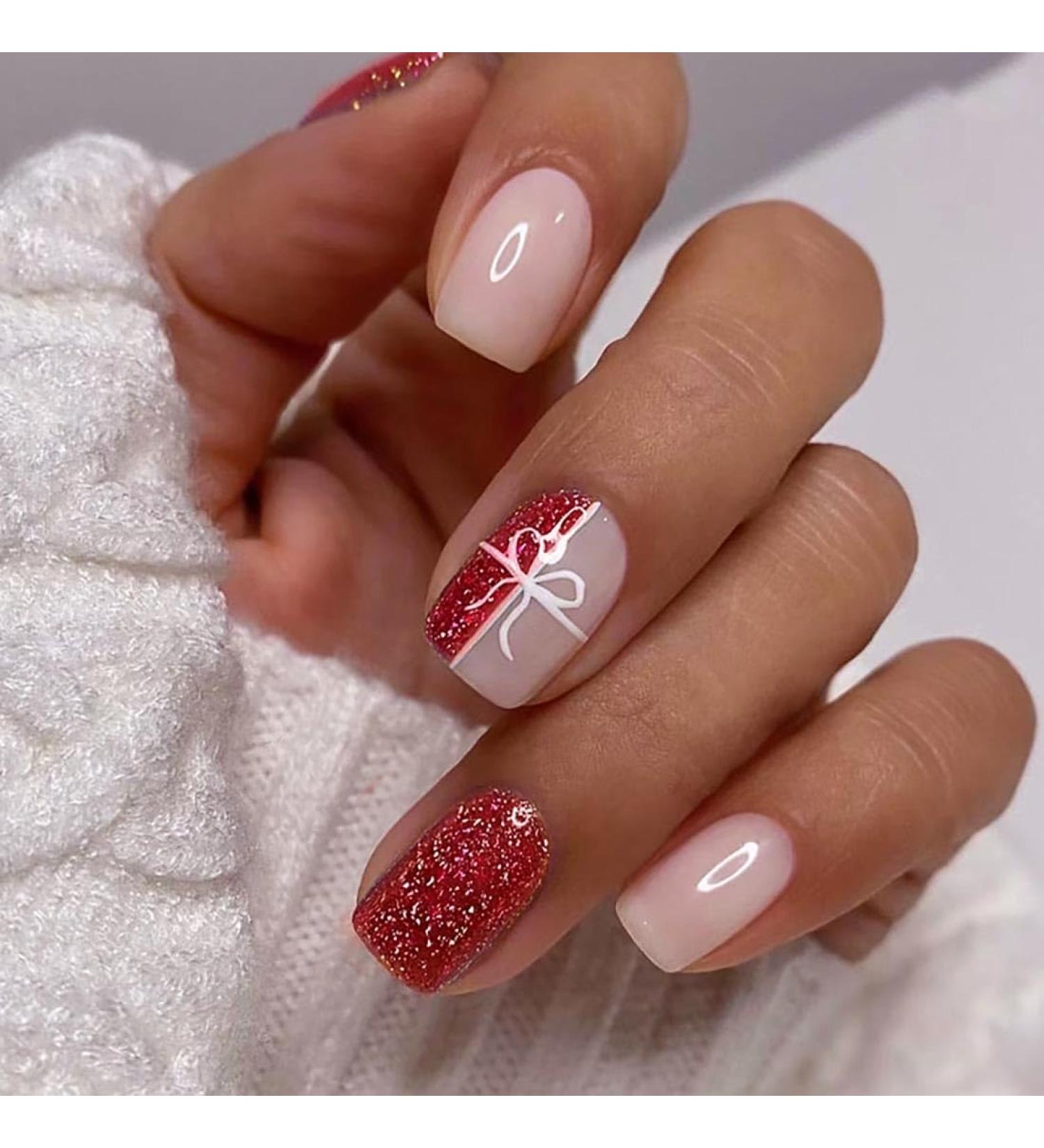 SINLOV Fake Nails Medium French Square False Nails Glitter Glossy Press on Nails Ballerina Acrylic Full Cover Fake Nail for Women and Girls - Buy Online on GoSupps.com