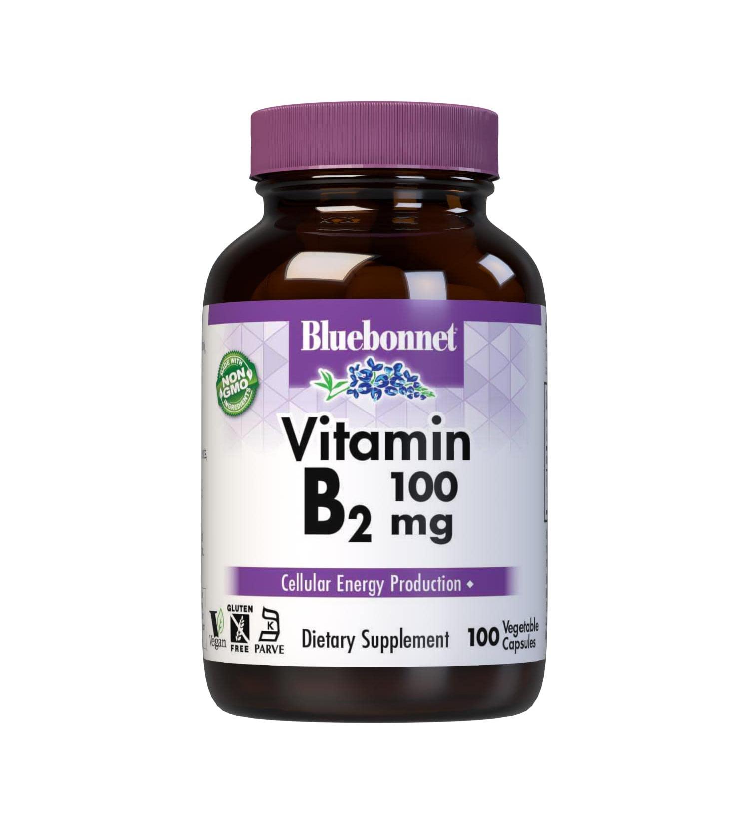 Bluebonnet Nutrition Vitamin B2 100 mg for Cardiovascular & Nervous System Health - 100 Veg Caps, Soy-Free, Gluten-Free, Kosher, Dairy-Free, Vegan, Non-GMO - Buy Online on GoSupps.com