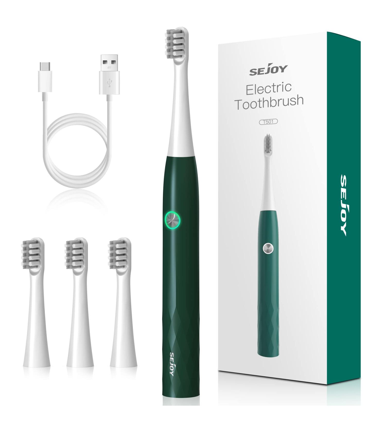 Sejoy Rechargeable Electric Toothbrush with 4 Brush Heads, 3 Modes & Smart Timer - Green (One-key) - Buy Online on GoSupps.com