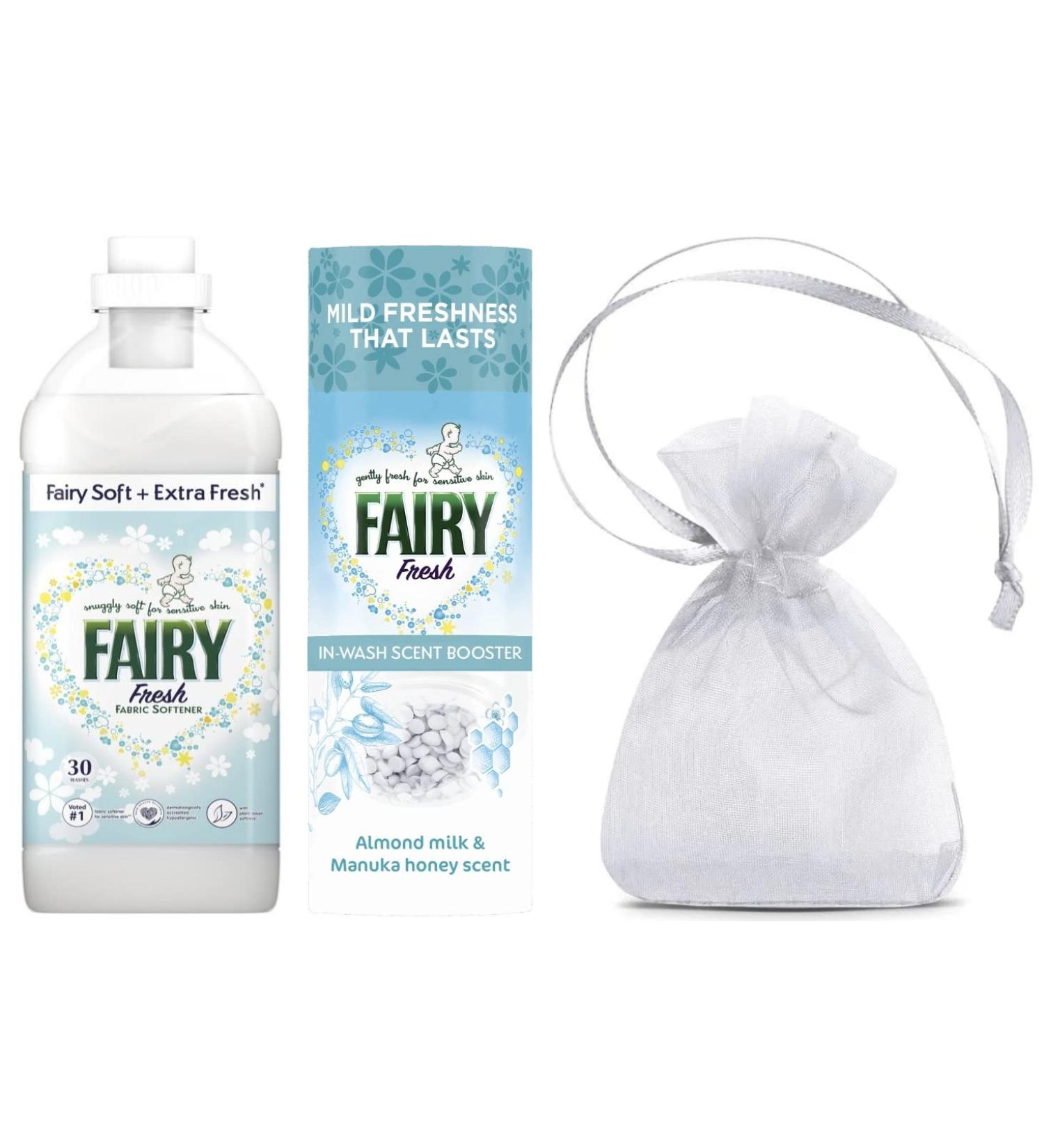 Fairy Fresh Fabric Conditioner Huggably Soft for Sensitive Skin 30Washes 1.05L + Fairy Fresh in Wash Scent Booster Beads Almond Milk & Manuka Honey 176gr + Our Gift for You: Organza Bag:9x7x0.1cm - Buy Online on GoSupps.com
